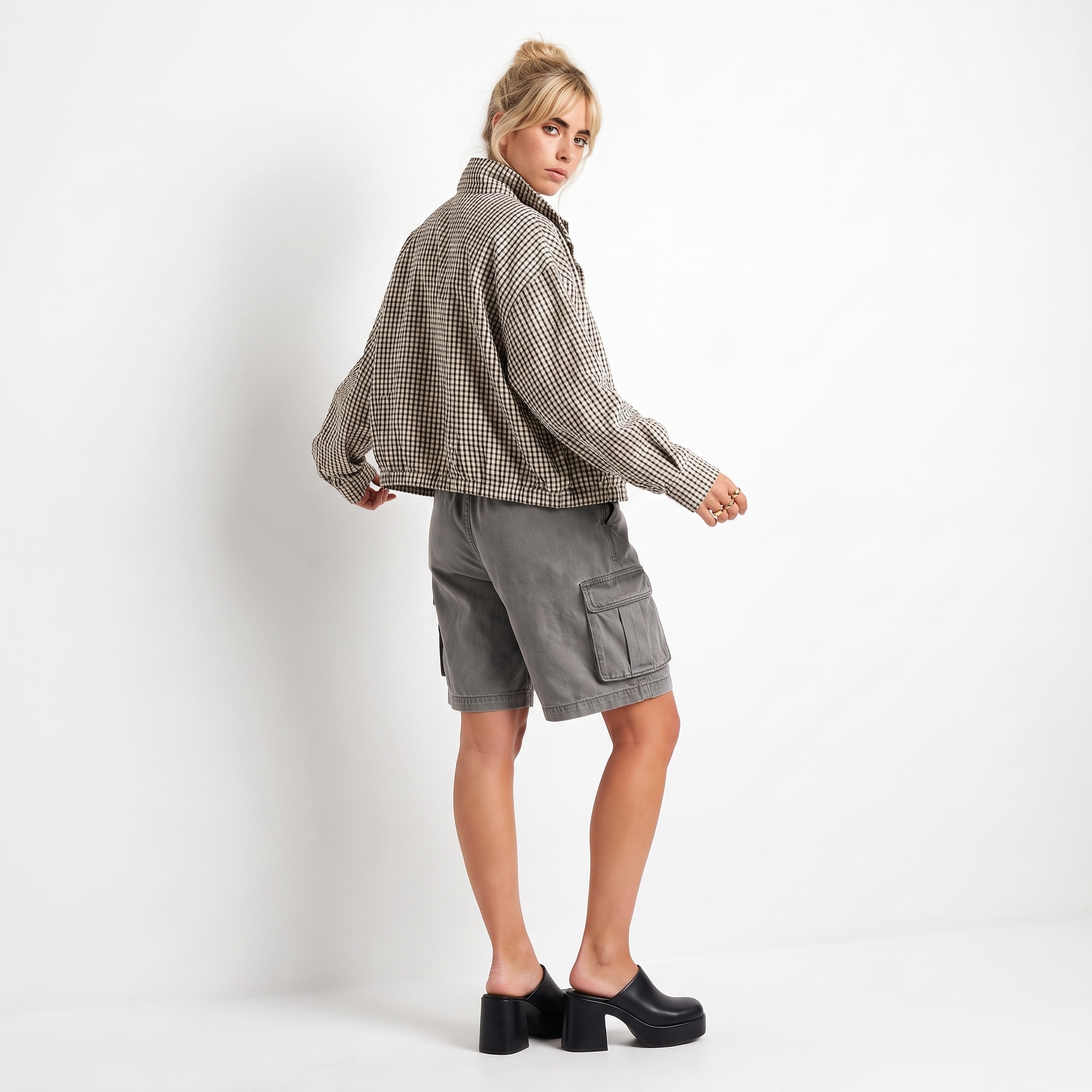 Women's Cropped Checkered Zip-Up Jacket with Funnel Neck, view 3 of 10