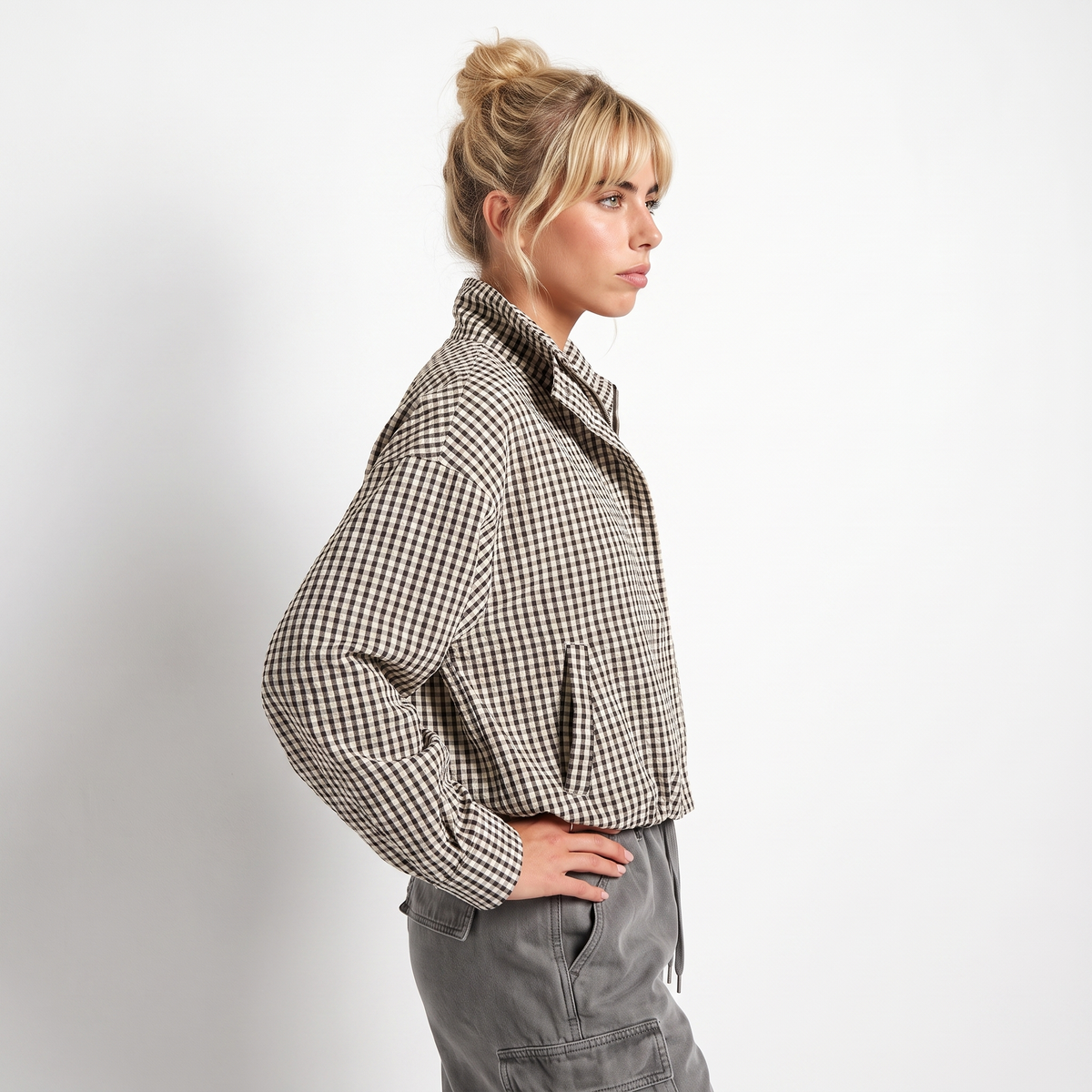 Women's Cropped Checkered Zip-Up Jacket with Funnel Neck, view 4 of 10