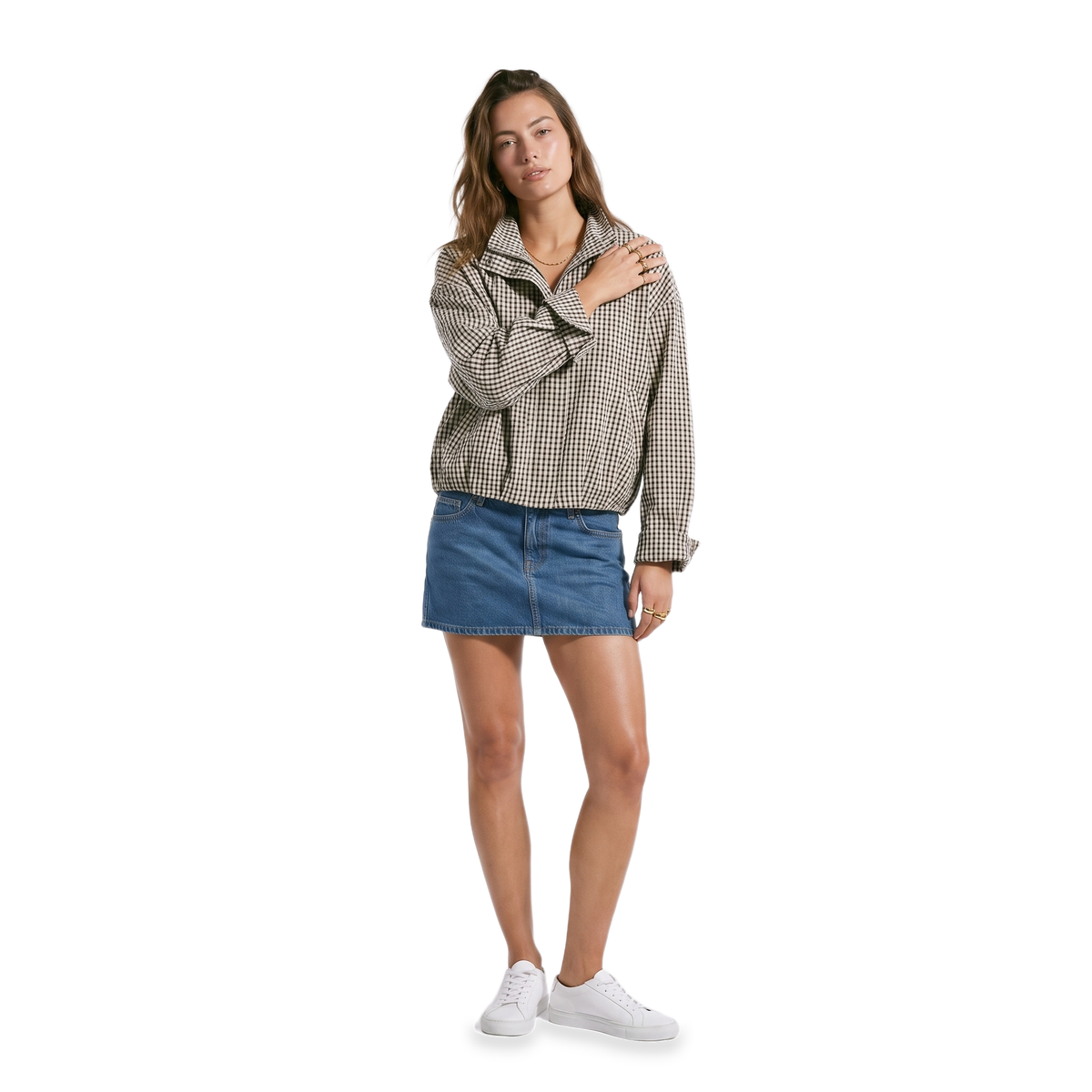 Women's Cropped Checkered Zip-Up Jacket with Funnel Neck, view 6 of 10