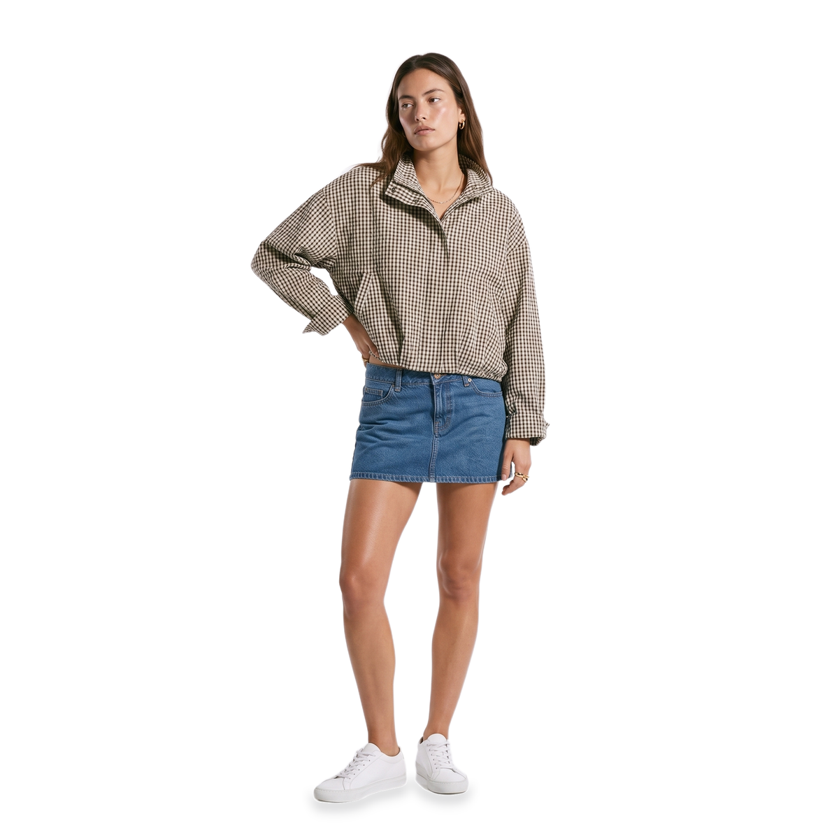 Women's Cropped Checkered Zip-Up Jacket with Funnel Neck, view 8 of 10