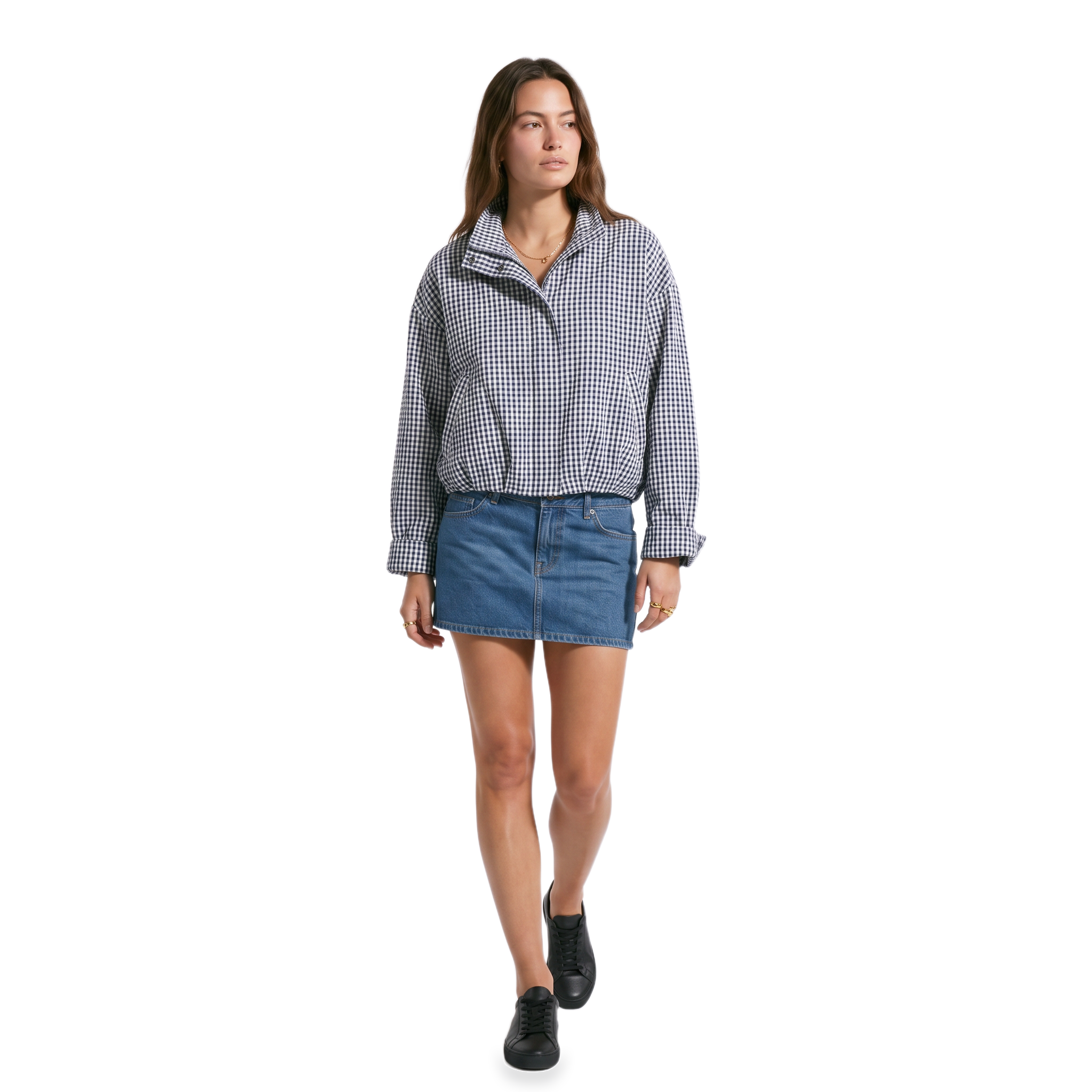 Women's Cropped Checkered Zip-Up Jacket with Funnel Neck, view 9 of 10