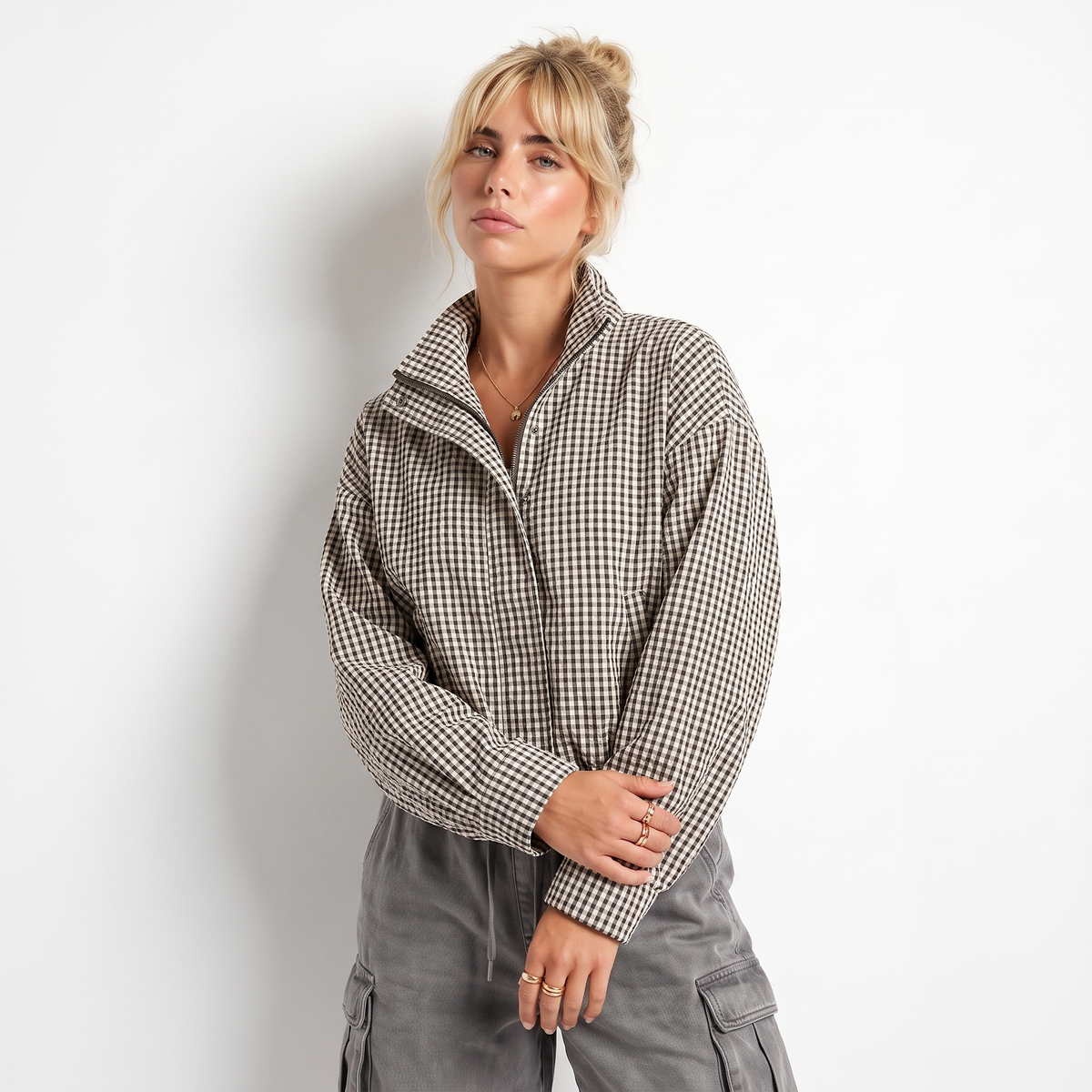 Women's Cropped Checkered Zip-Up Jacket with Funnel Neck, view 10 of 10