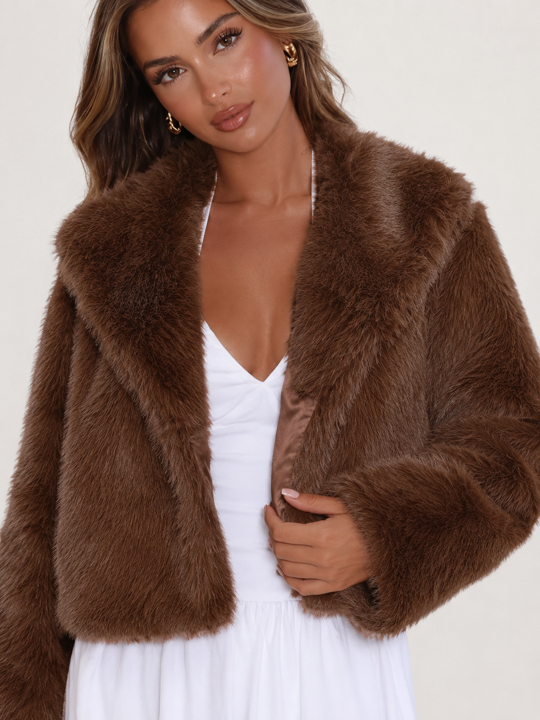 Women's Cropped Faux Fur Jacket with Collarless Fit, view 3 of 9