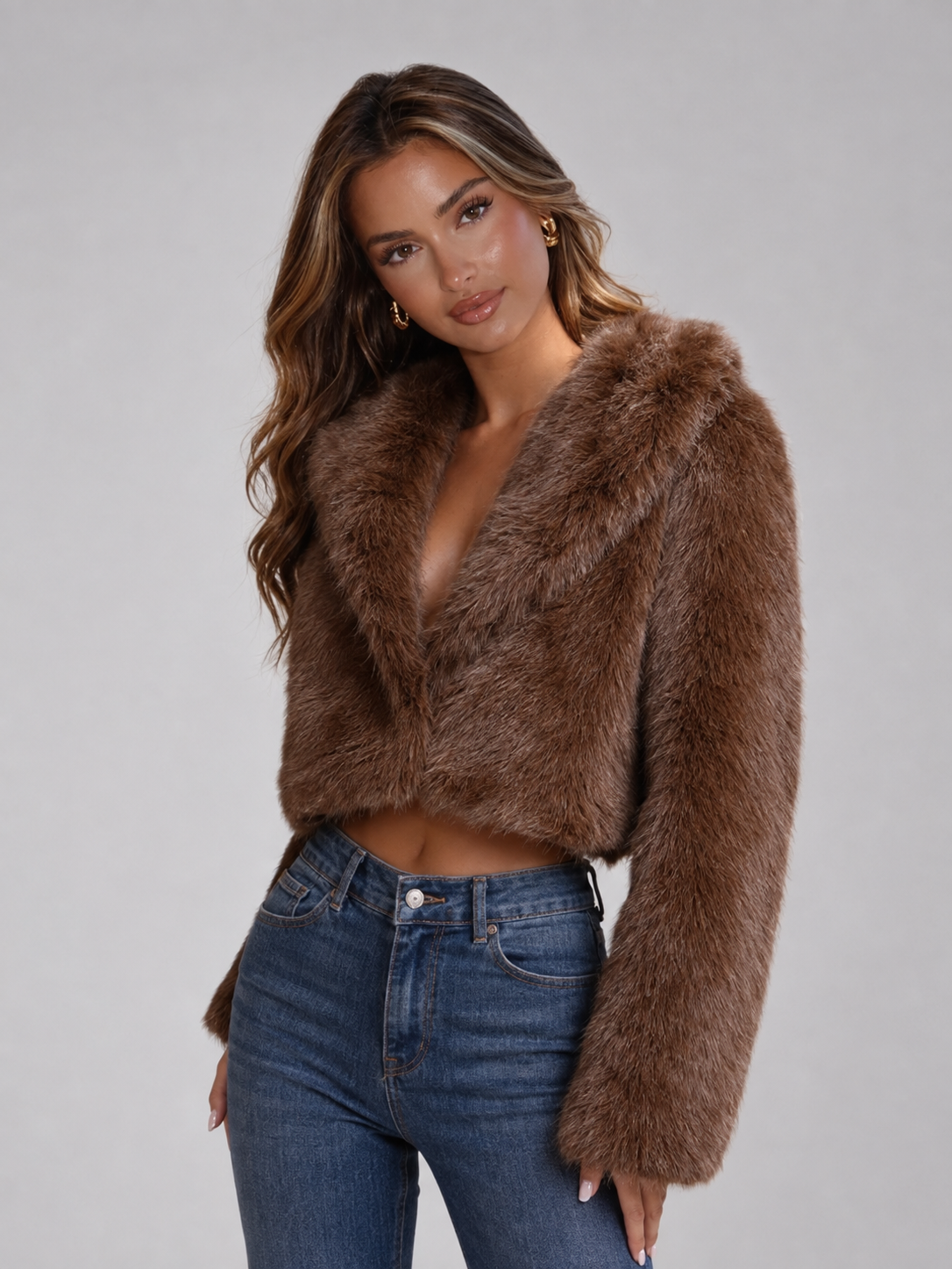 Women's Cropped Faux Fur Jacket with Collarless Fit, view 8 of 9