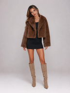 Women's Cropped Faux Fur Jacket with Collarless Fit, view 9 of 9