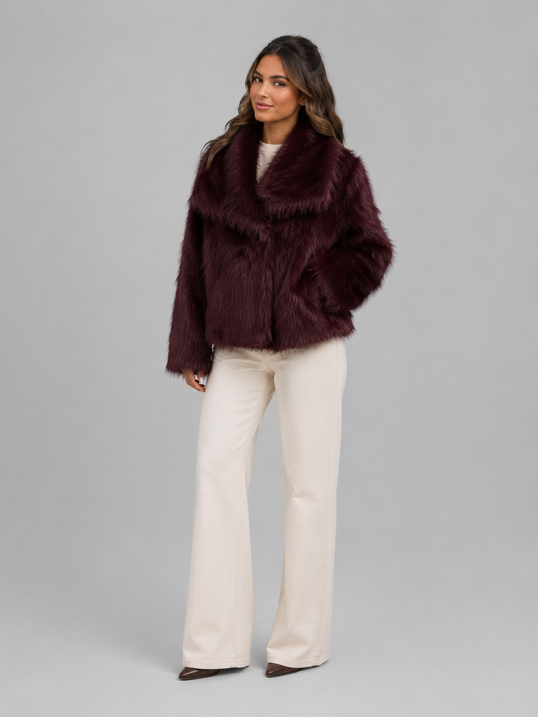 Women's Cropped Faux Fur Jacket with High Collar, view 1 of 10