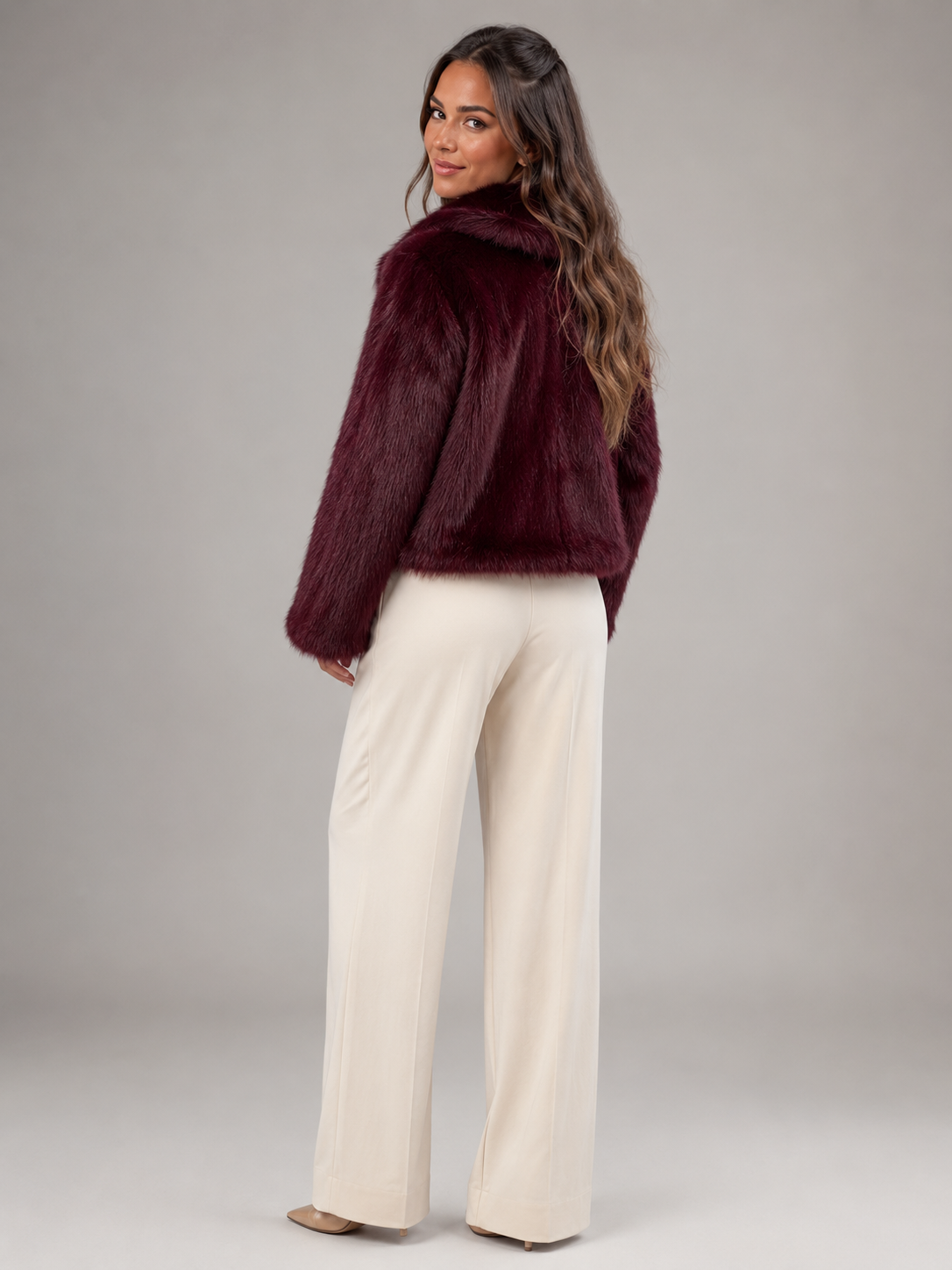 Women's Cropped Faux Fur Jacket with High Collar, view 2 of 10