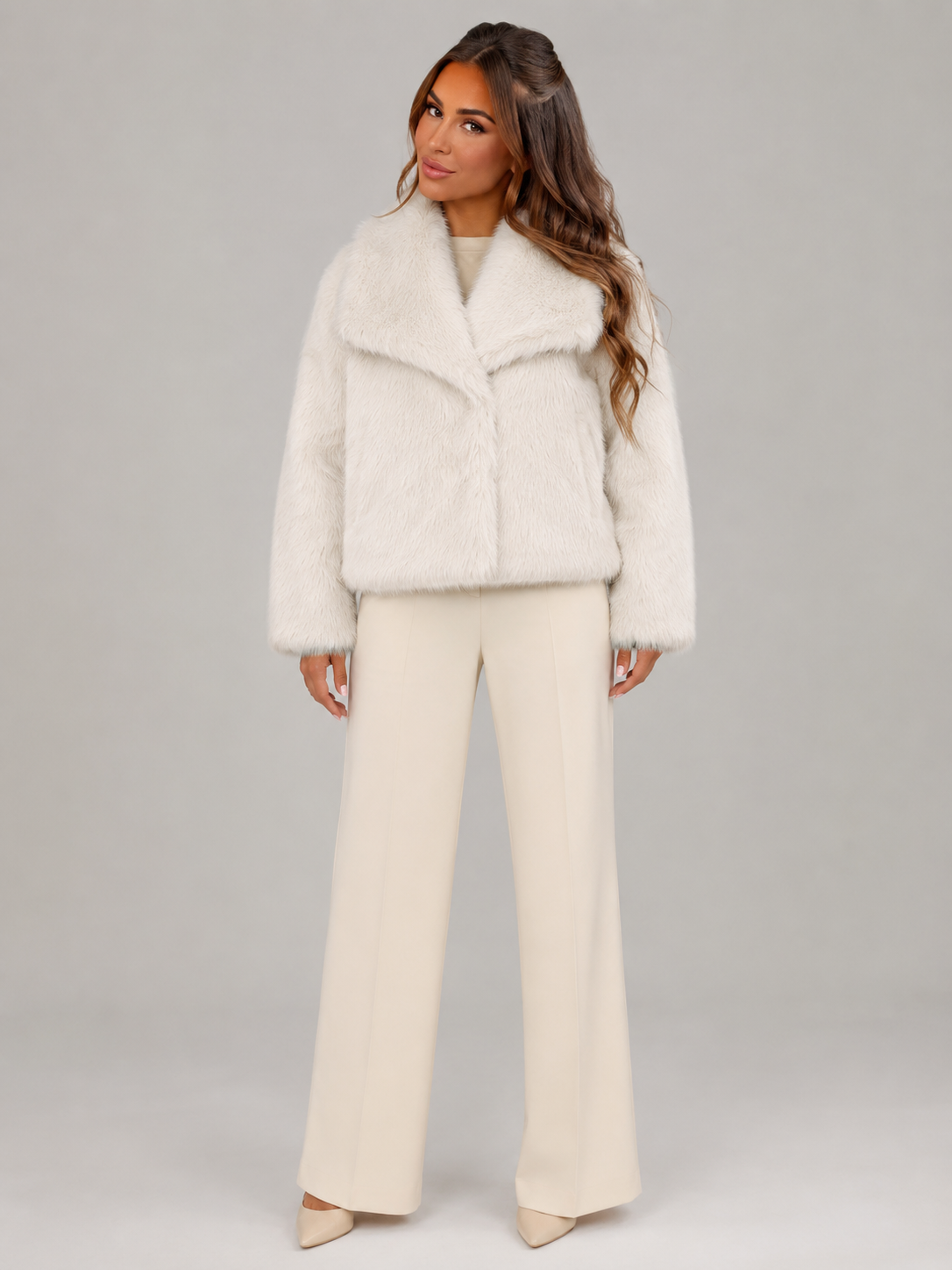 Women's Cropped Faux Fur Jacket with High Collar, view 6 of 10