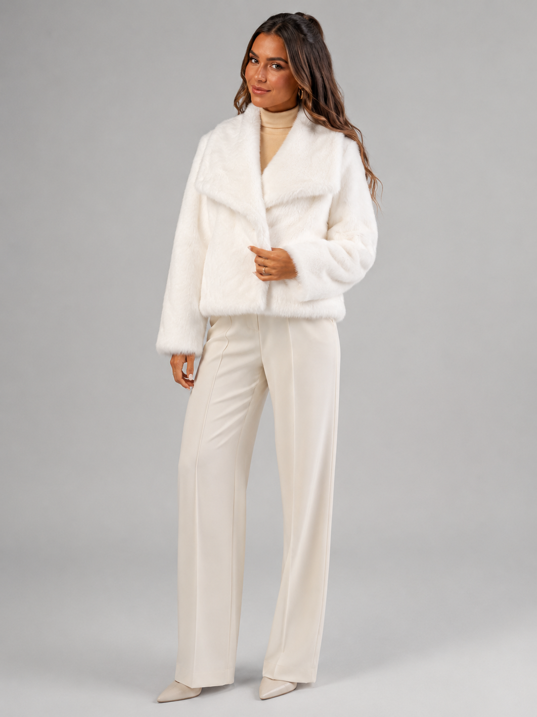 Women's Cropped Faux Fur Jacket with High Collar, view 7 of 10
