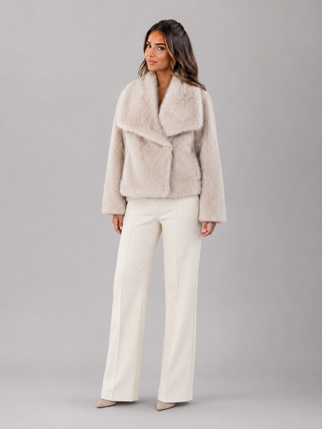 Women's Cropped Faux Fur Jacket with High Collar, view 9 of 10