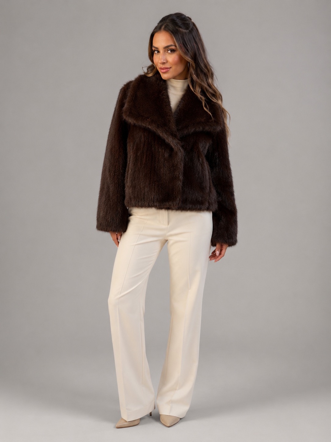 Women's Cropped Faux Fur Jacket with High Collar, view 10 of 10