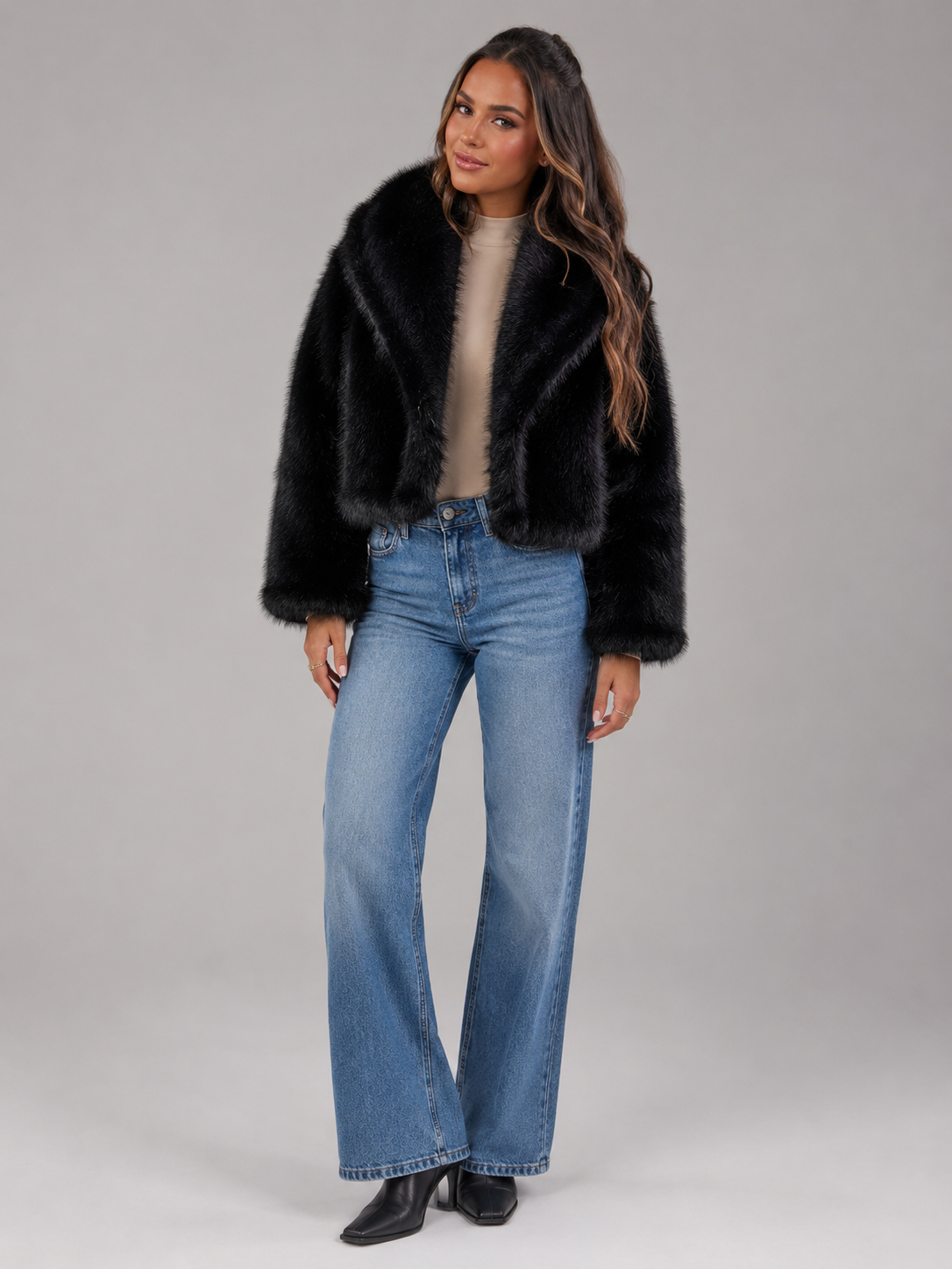 Women's Cropped Faux Fur Jacket with Relaxed Fit, view 1 of 8