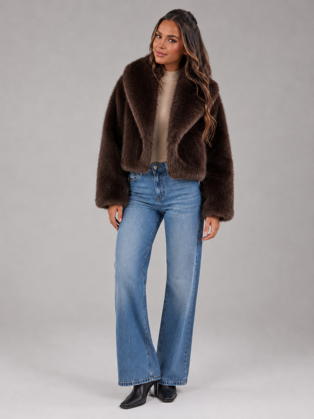 Women's Cropped Faux Fur Jacket with Relaxed Fit, view 6 of 8
