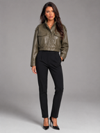 Women's Cropped Faux Leather Jacket with Utility Pockets, view 1 of 8