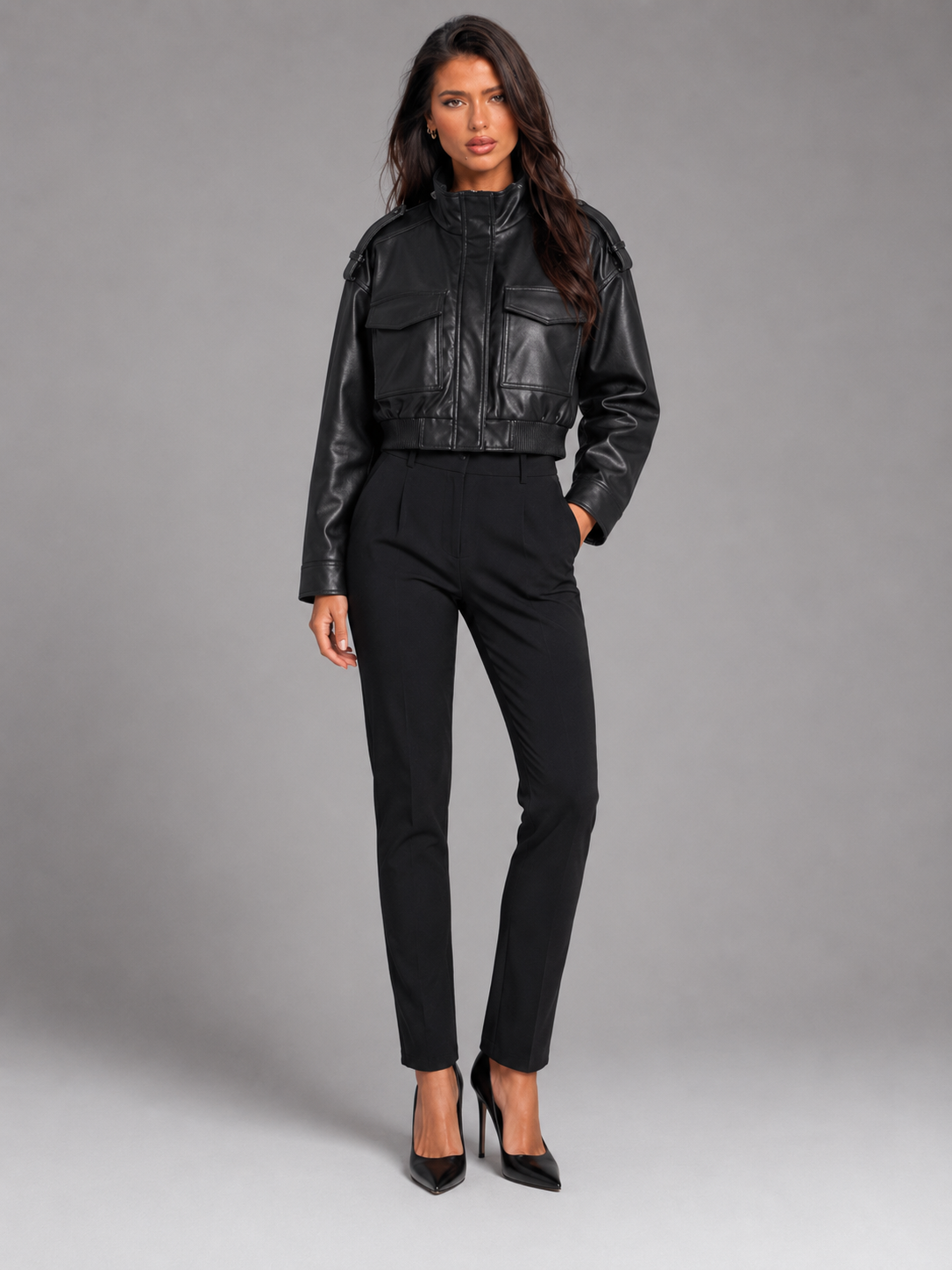 Women's Cropped Faux Leather Jacket with Utility Pockets, view 2 of 8