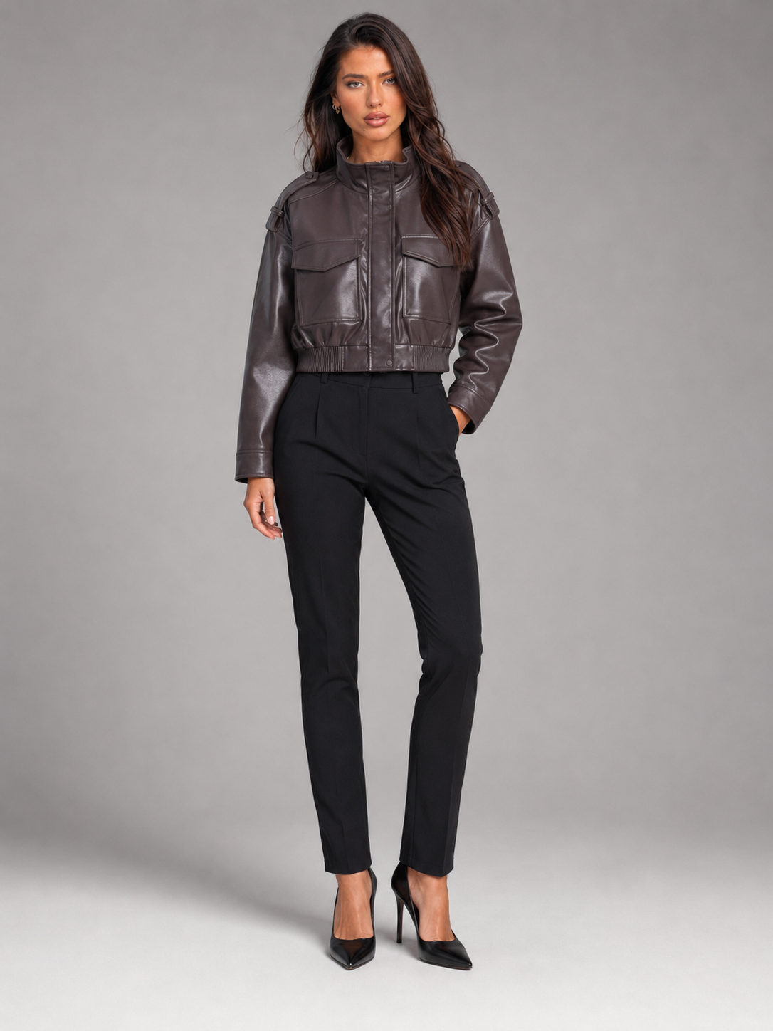 Women's Cropped Faux Leather Jacket with Utility Pockets, view 3 of 8