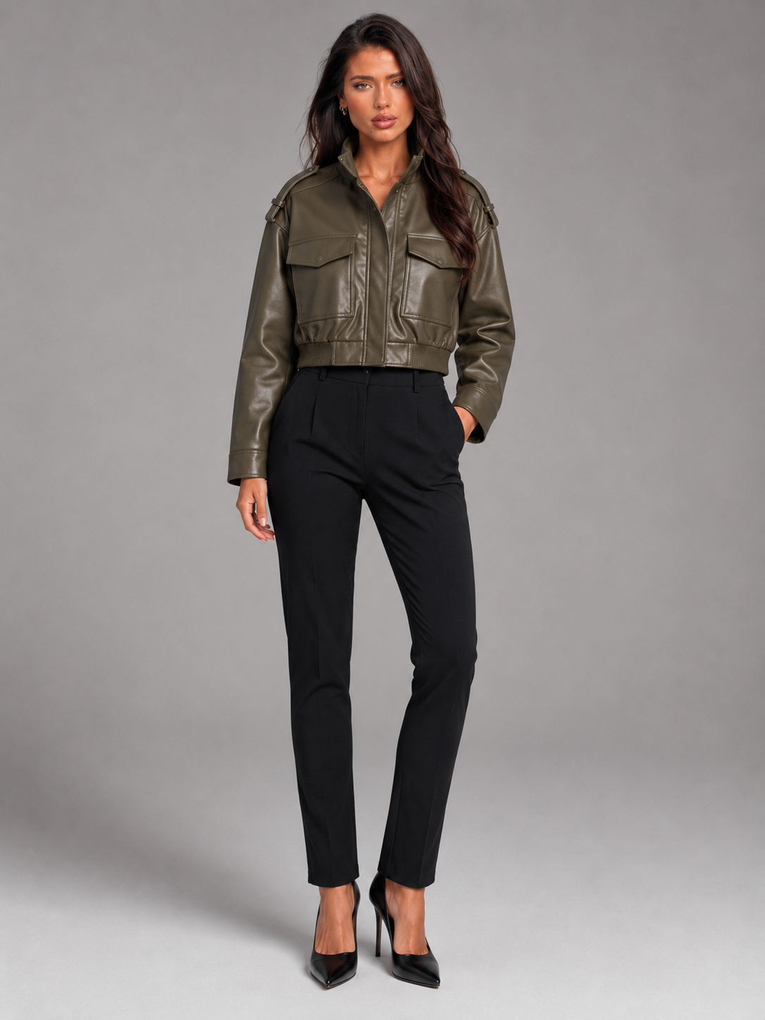 Women's Cropped Faux Leather Jacket with Utility Pockets, view 4 of 8