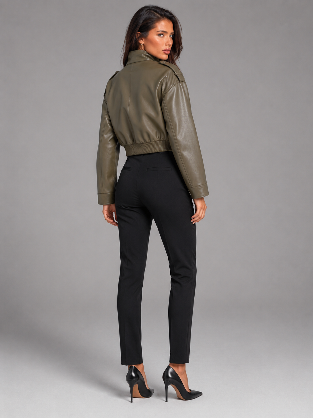 Women's Cropped Faux Leather Jacket with Utility Pockets, view 8 of 8