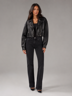 Women's Cropped Faux Leather Zip-Up Biker Jacket, view 1 of 9