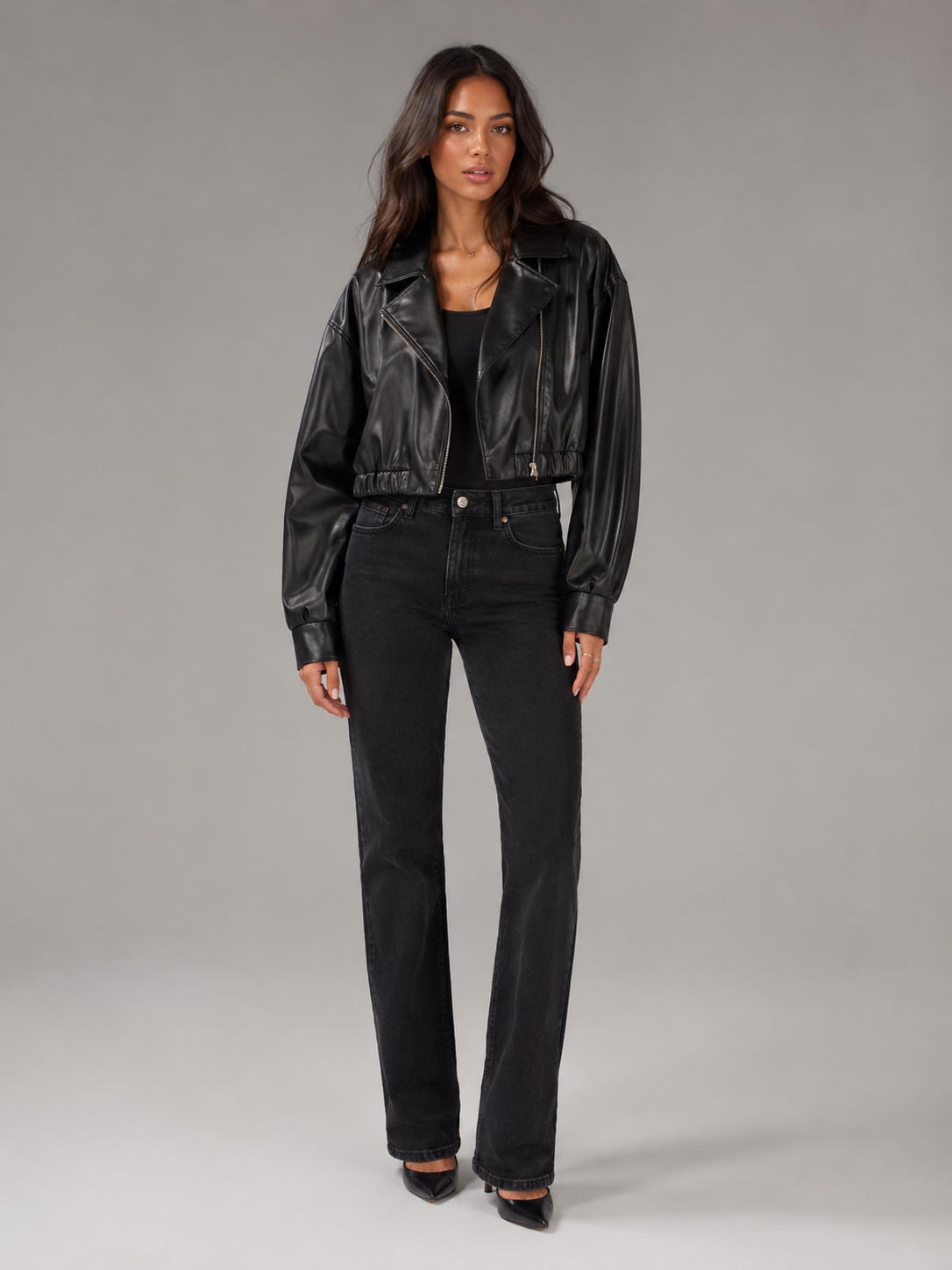 Women's Cropped Faux Leather Zip-Up Biker Jacket, view 1 of 9