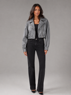 Women's Cropped Faux Leather Zip-Up Biker Jacket, view 2 of 9