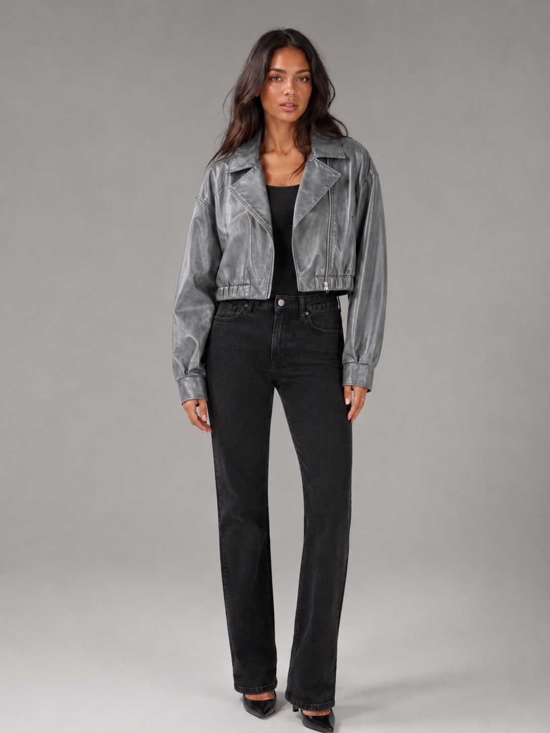 Women's Cropped Faux Leather Zip-Up Biker Jacket, view 2 of 9