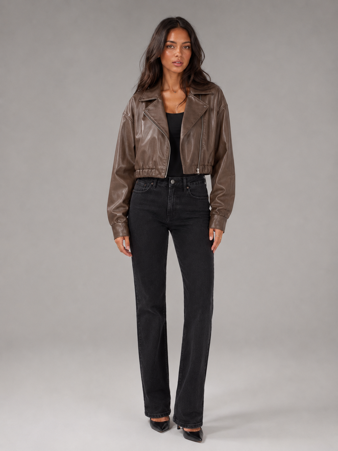 Women's Cropped Faux Leather Zip-Up Biker Jacket, view 3 of 9