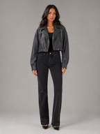 Women's Cropped Faux Leather Zip-Up Biker Jacket, view 4 of 9