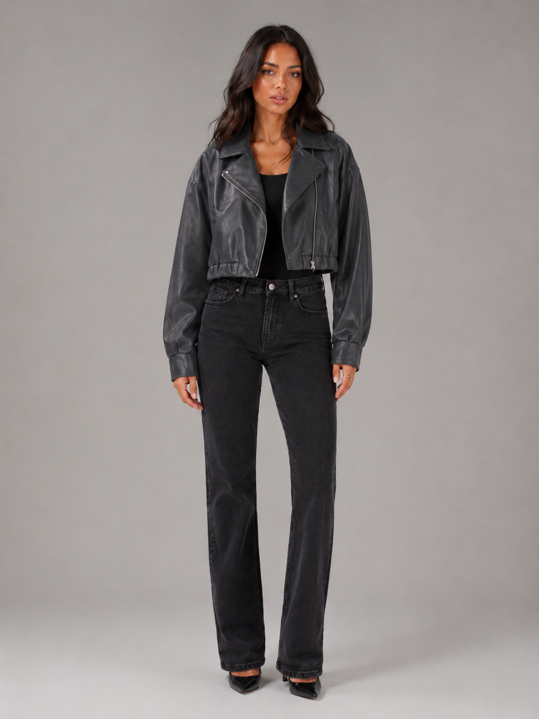 Women's Cropped Faux Leather Zip-Up Biker Jacket, view 4 of 9