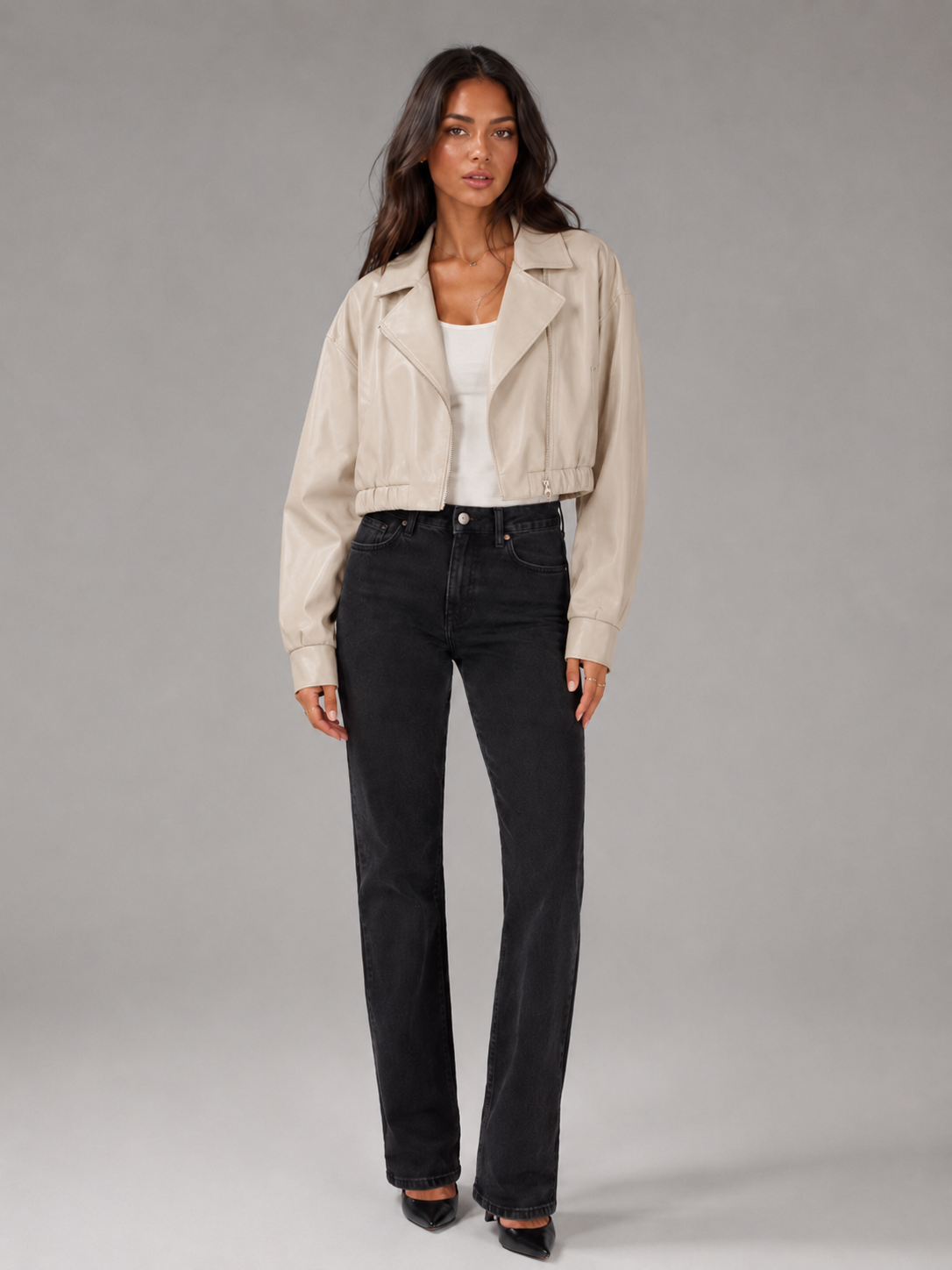 Women's Cropped Faux Leather Zip-Up Biker Jacket, view 5 of 9