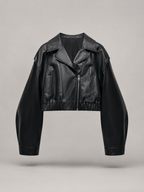 Women's Cropped Faux Leather Zip-Up Biker Jacket, view 7 of 9