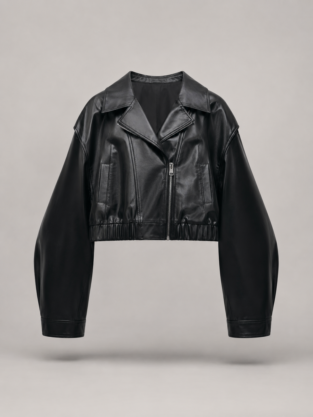 Women's Cropped Faux Leather Zip-Up Biker Jacket, view 7 of 9