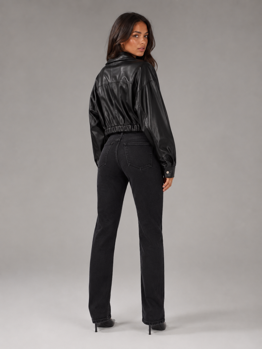Women's Cropped Faux Leather Zip-Up Biker Jacket, view 9 of 9