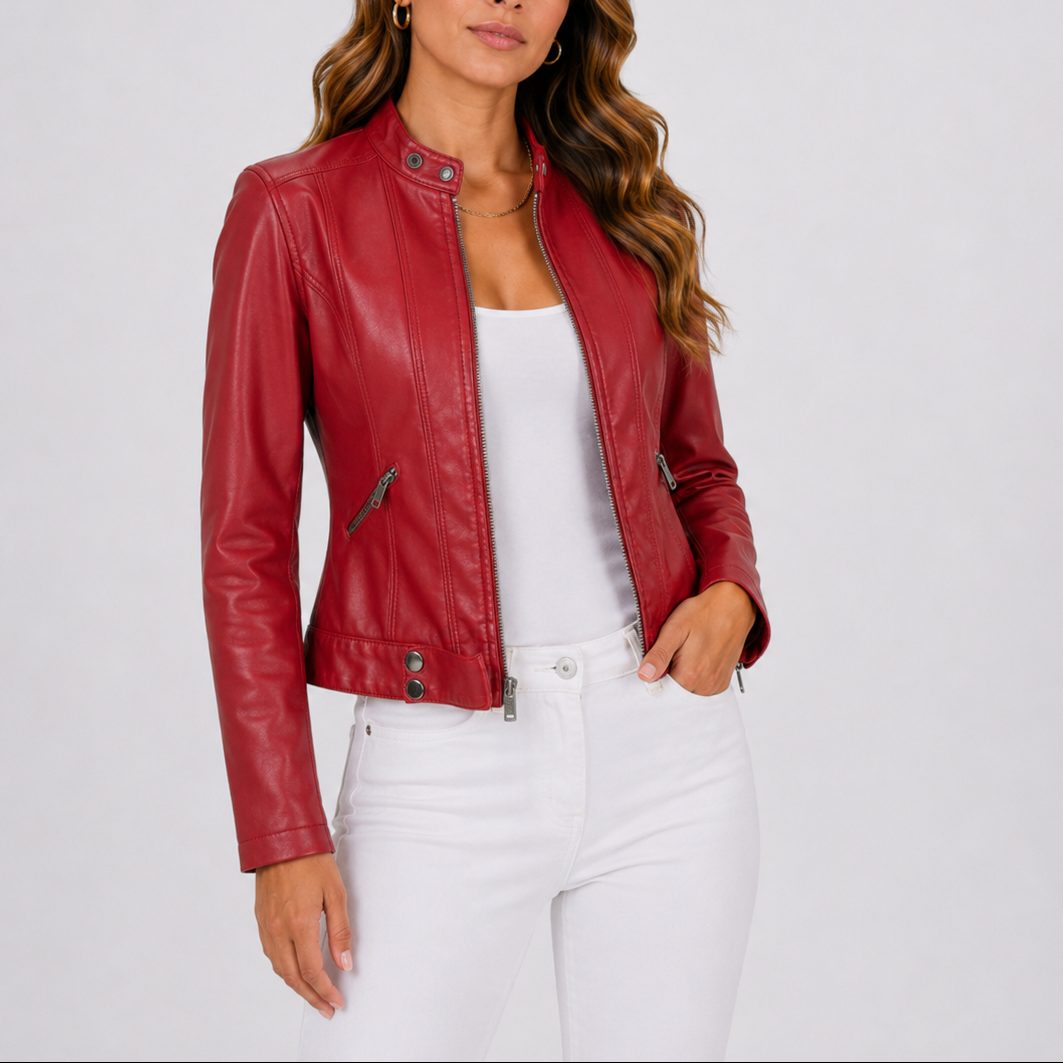 Women's cropped leather jacket, leather look zip front – product image 3