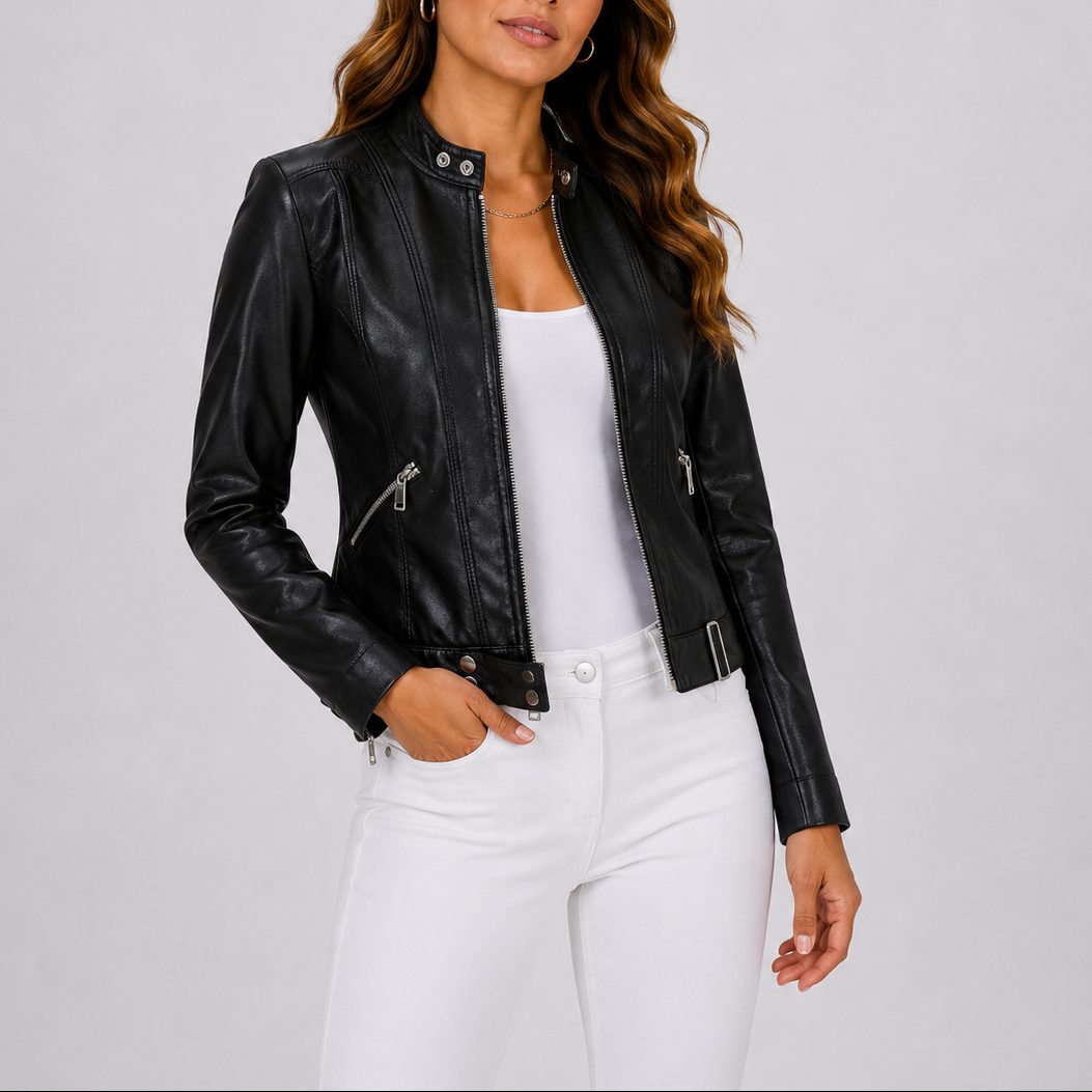 Women's cropped leather jacket, leather look zip front – product image 4