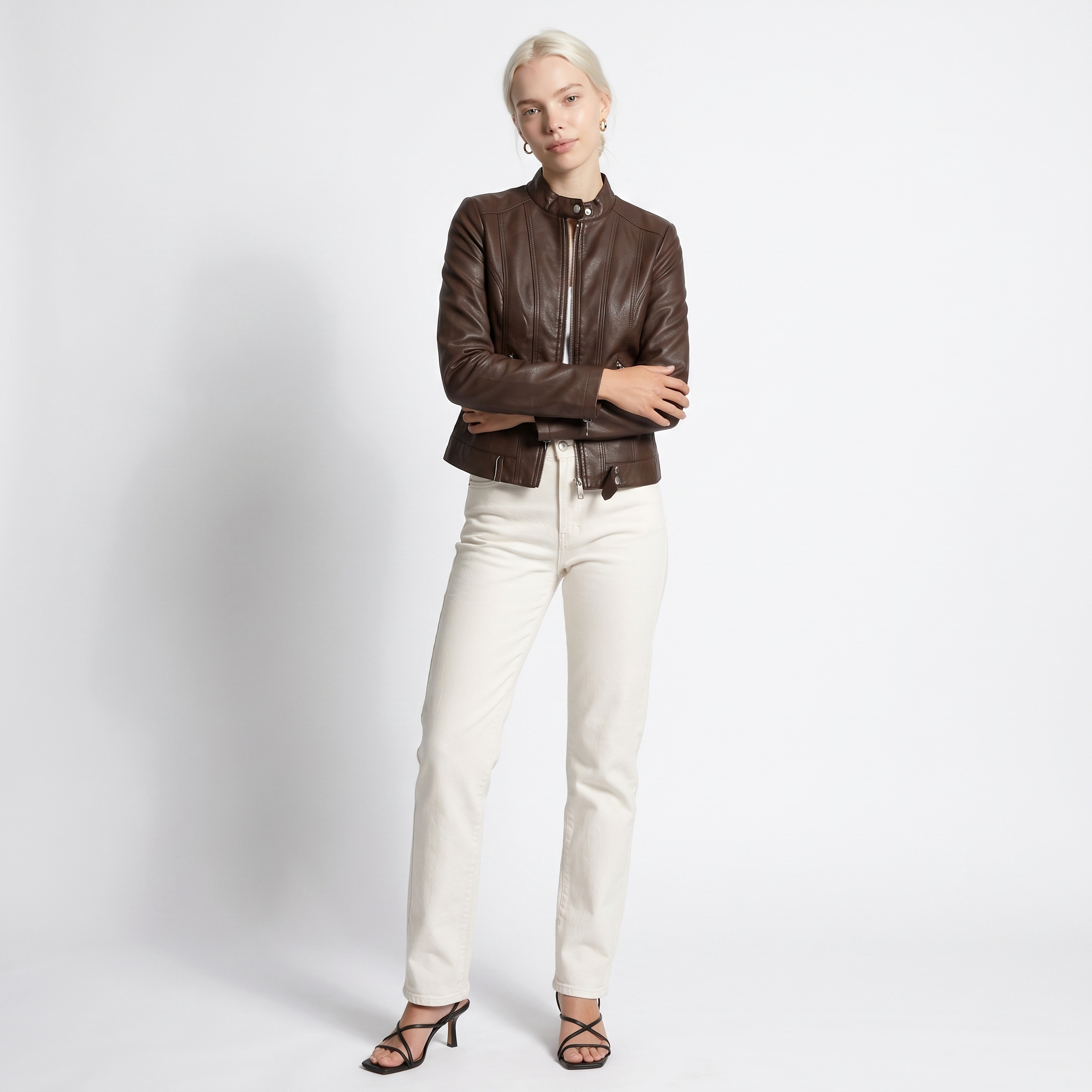 Women's Cropped Leather Jacket with Zip Front, view 1 of 8
