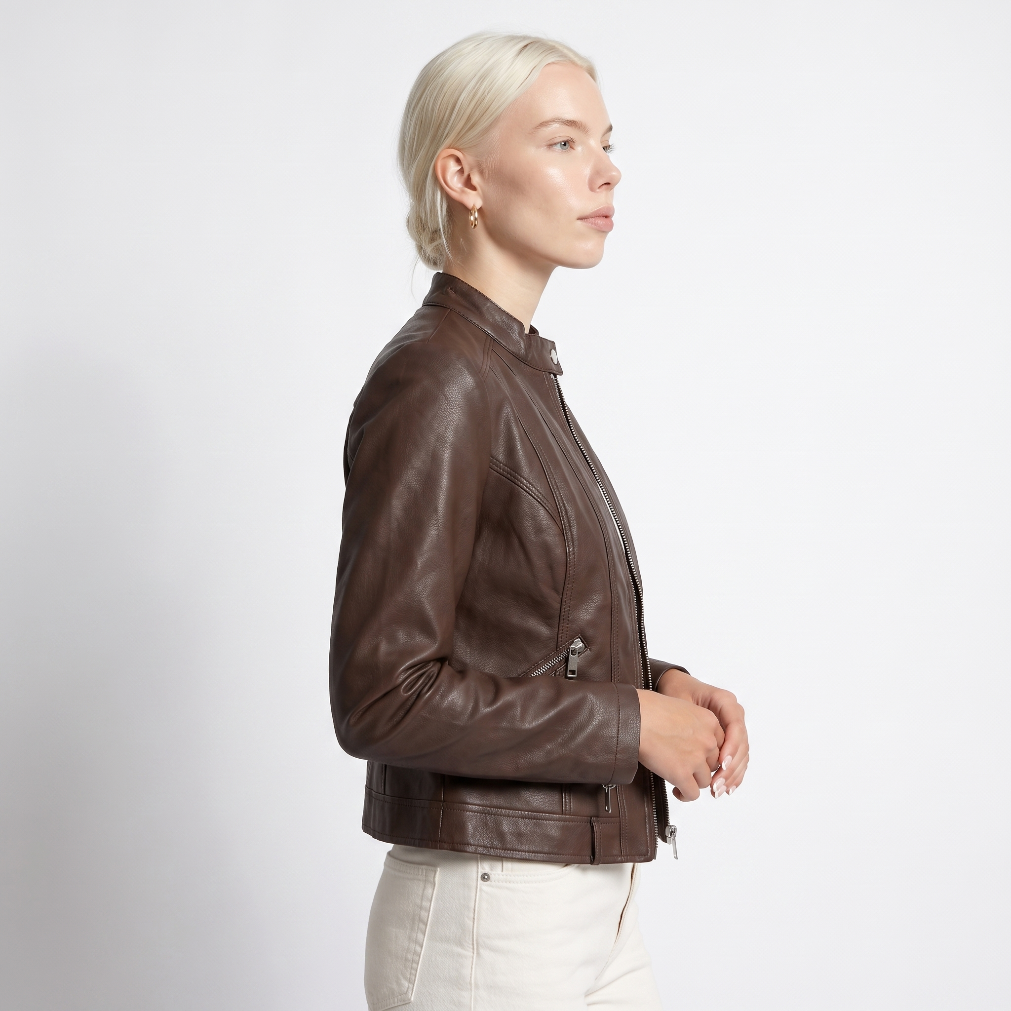 Women's Cropped Leather Jacket with Zip Front, view 2 of 8