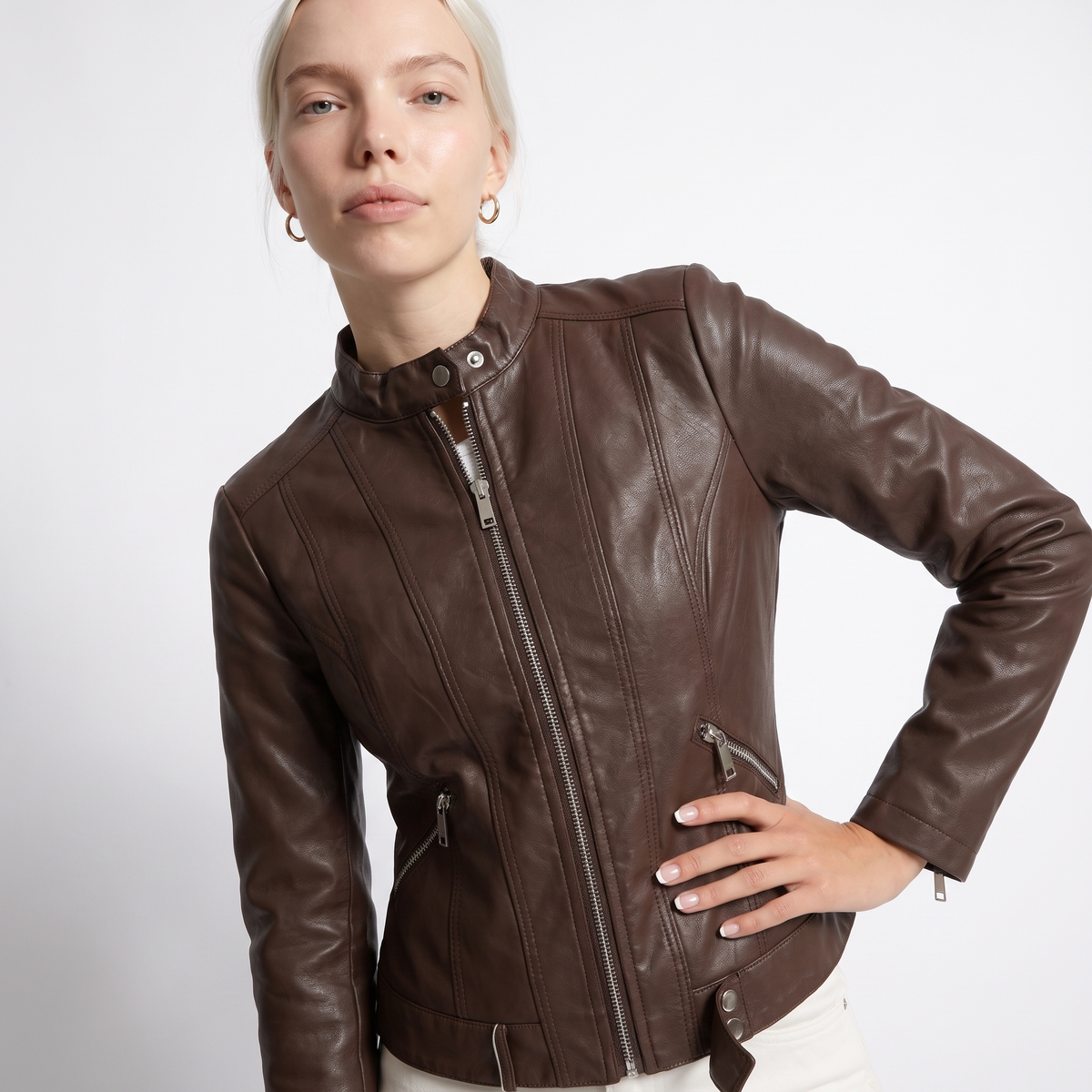 Women's Cropped Leather Jacket with Zip Front, view 4 of 8
