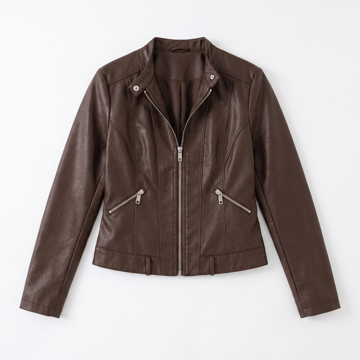 Women's Cropped Leather Jacket with Zip Front, view 5 of 8