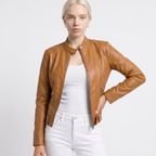 Women's Cropped Leather Jacket with Zip Front, view 7 of 8