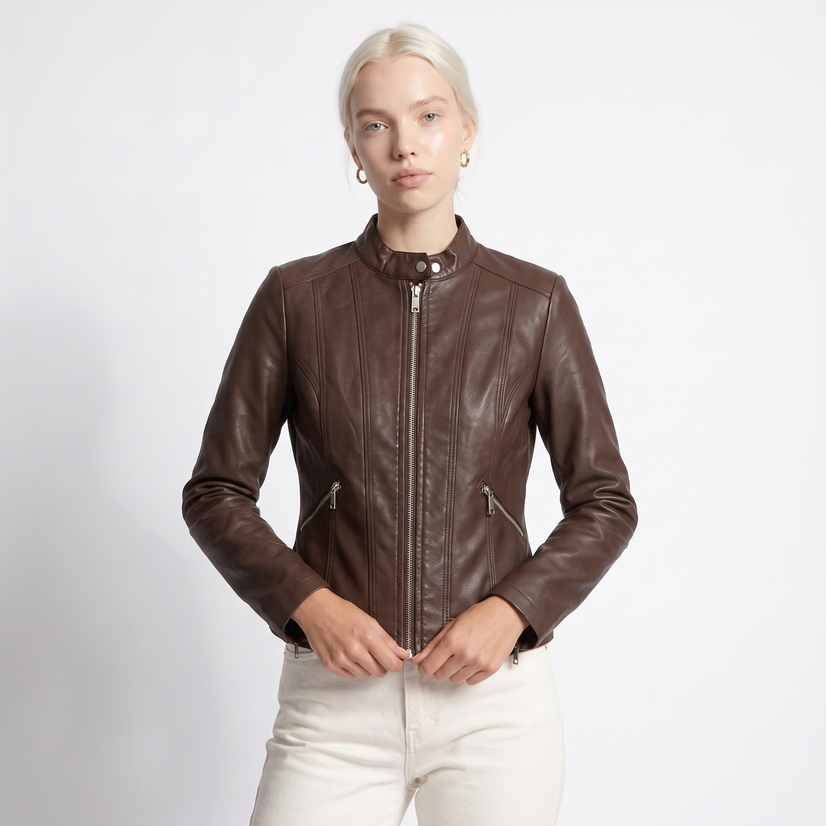 Women's Cropped Leather Jacket with Zip Front, view 8 of 8