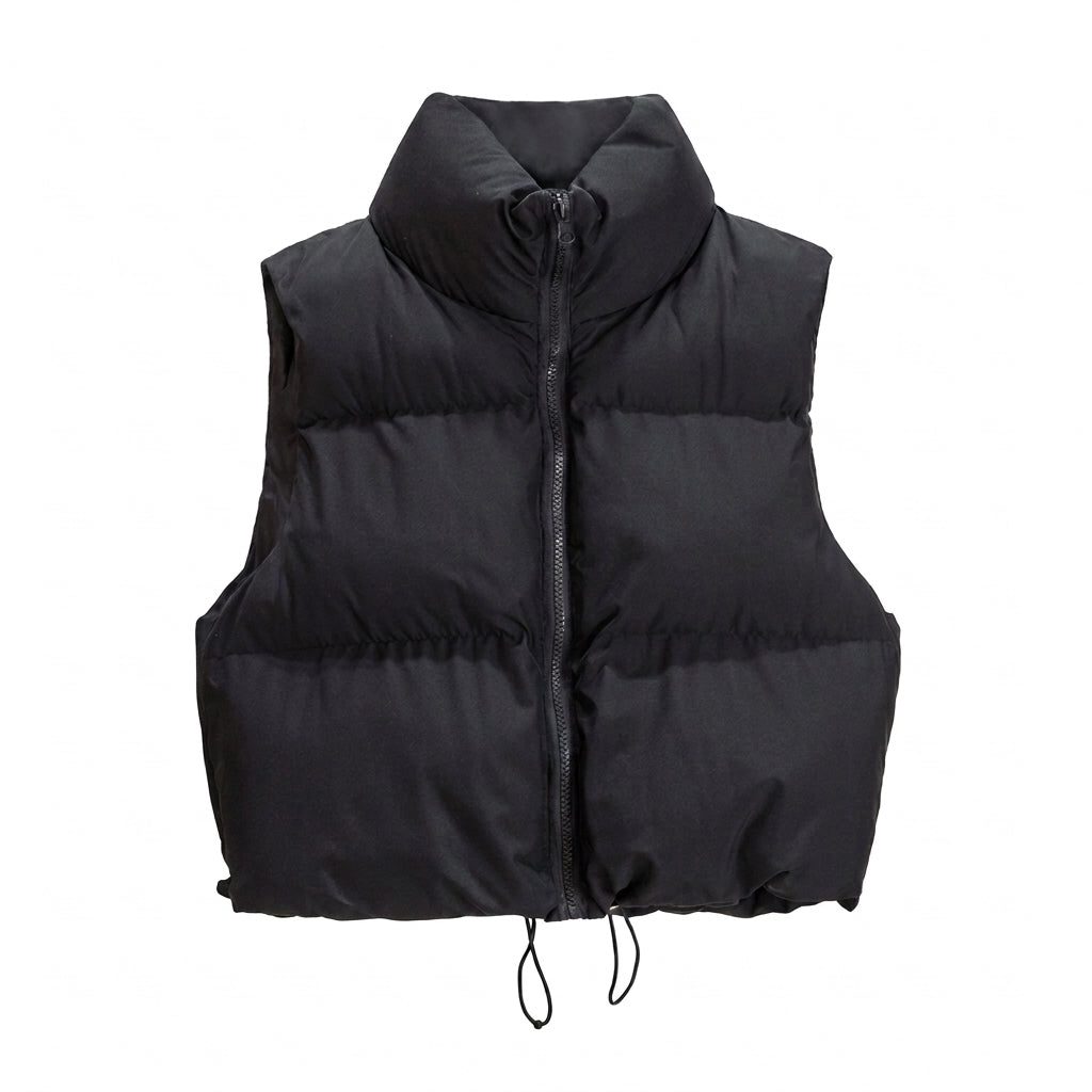Women's cropped puffer gilet, padded stand collar – product image 1