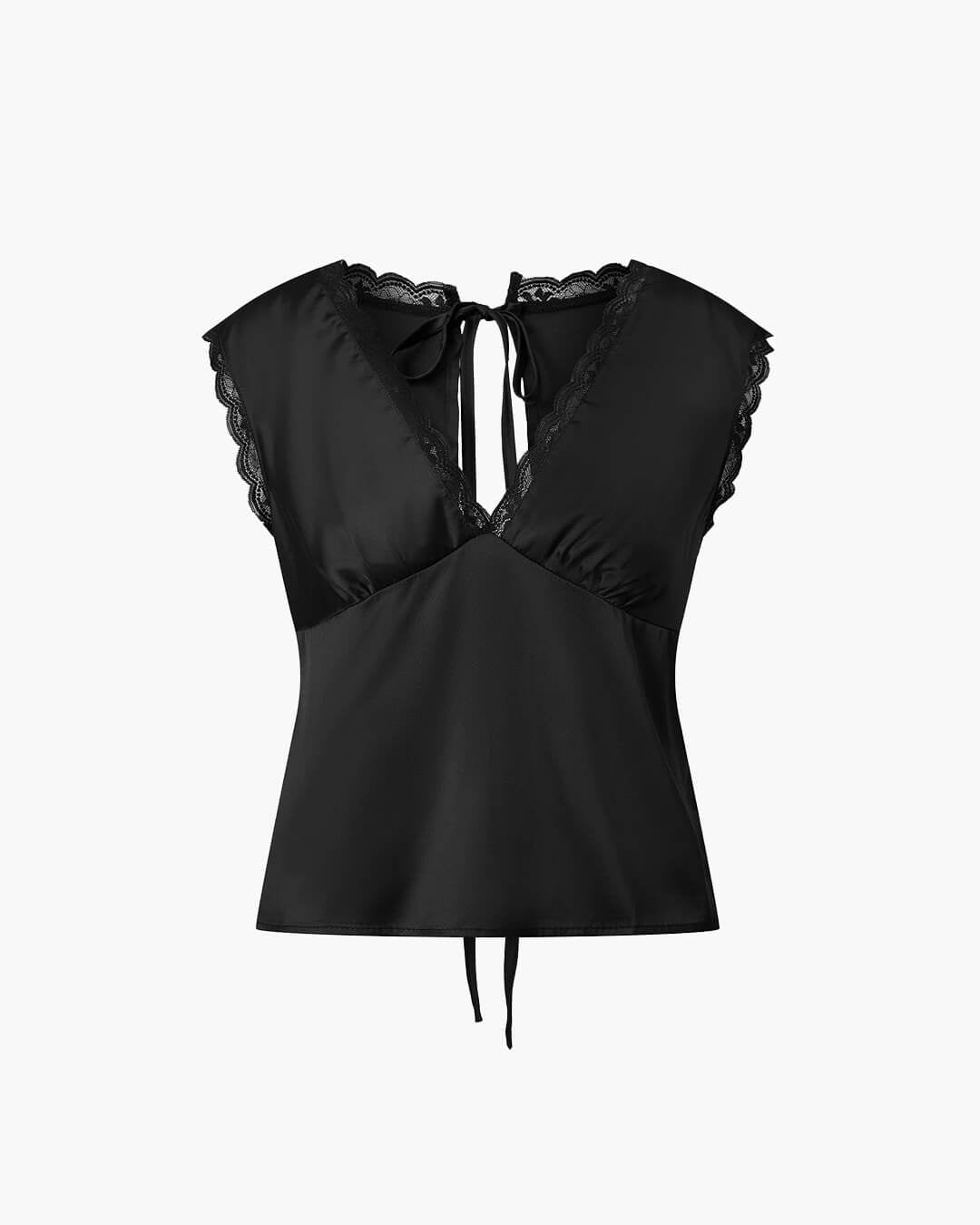 Women's deep v-neck satin top in black, product view 4