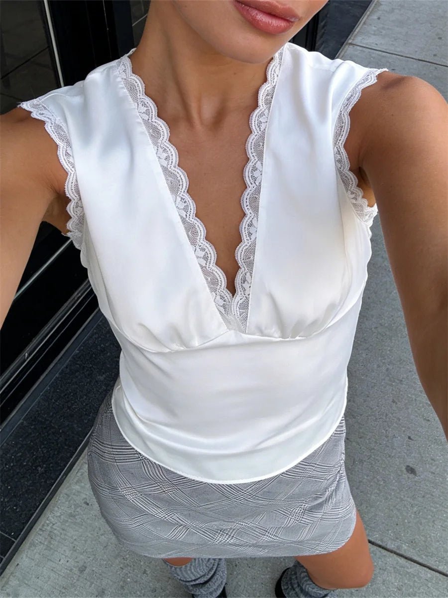 Women's deep v-neck satin top in black, product view 6