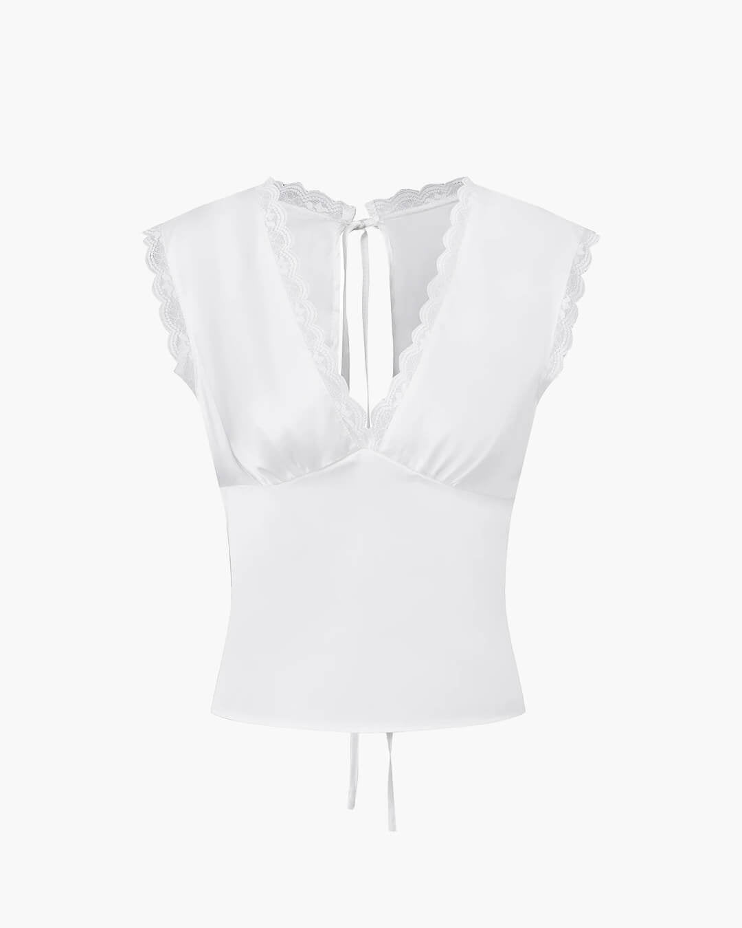Women's deep v-neck satin top in white, product view 3