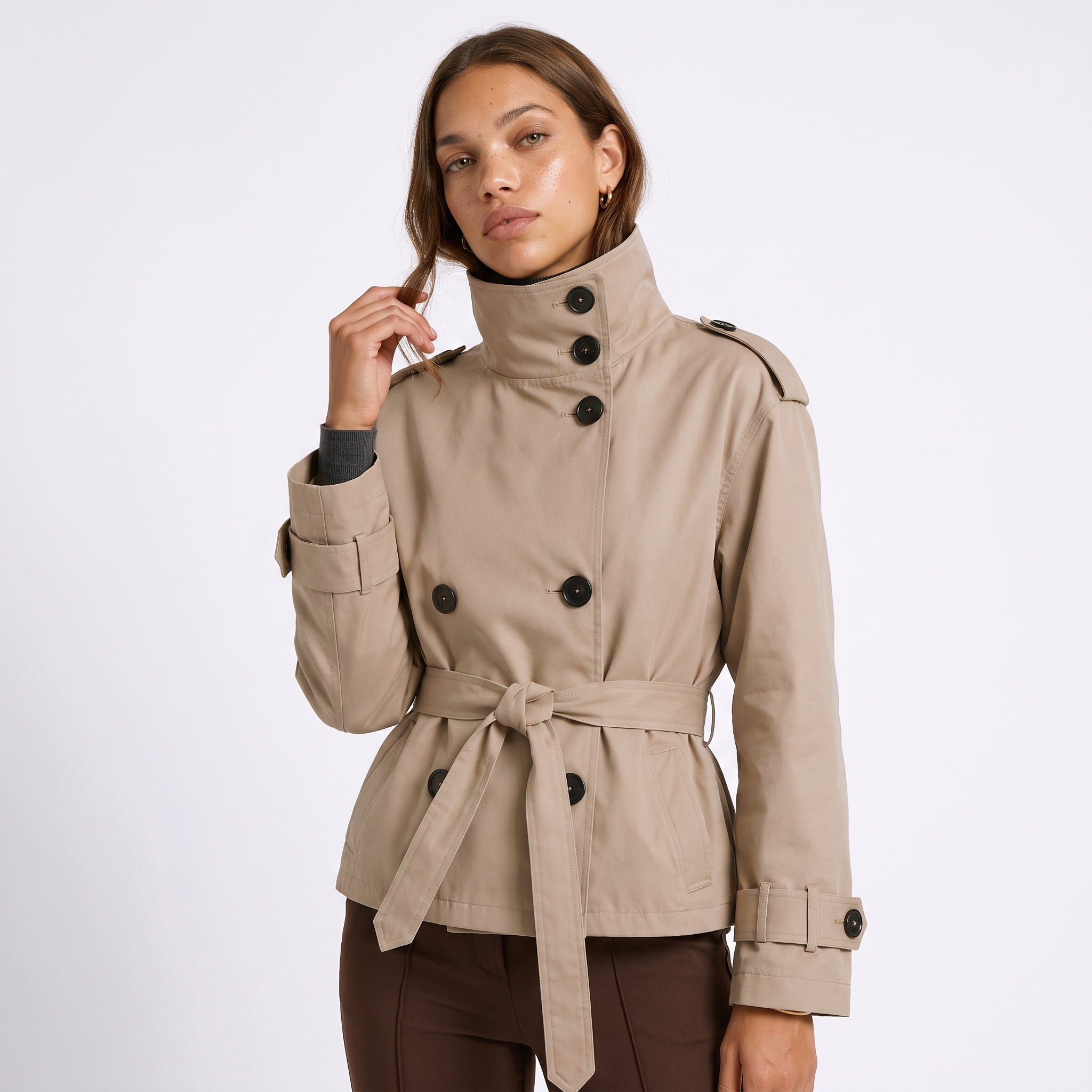 Women's Double-Breasted Cropped Belted Trench Coat, view 1 of 6