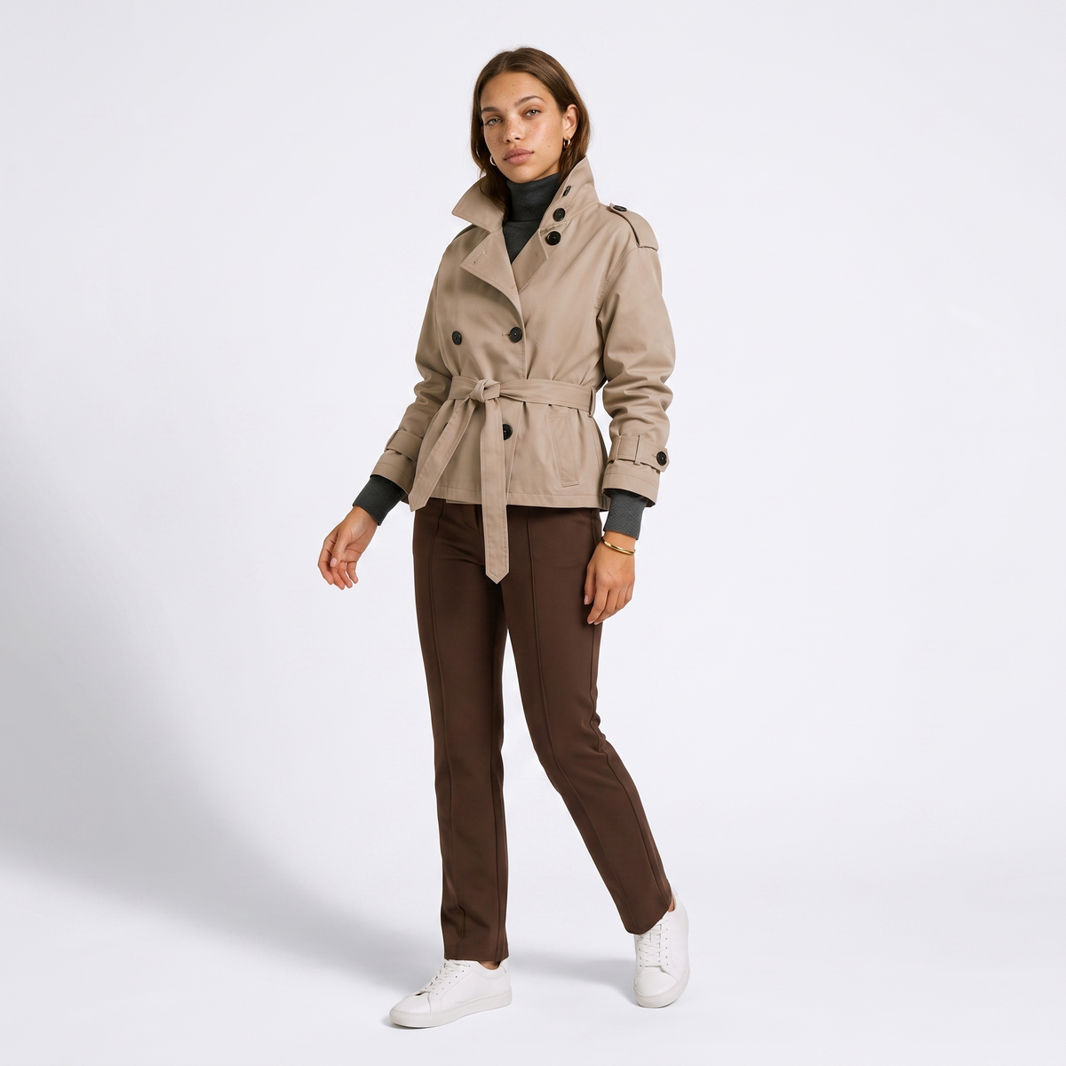 Women's Double-Breasted Cropped Belted Trench Coat, view 2 of 6