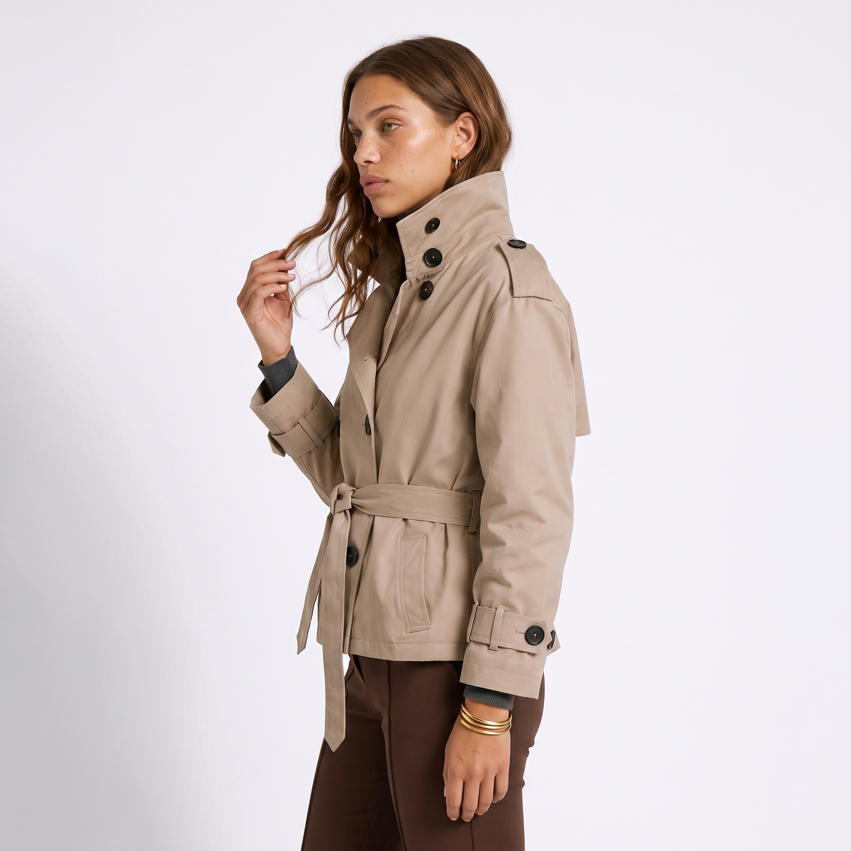 Women's Double-Breasted Cropped Belted Trench Coat, view 3 of 6