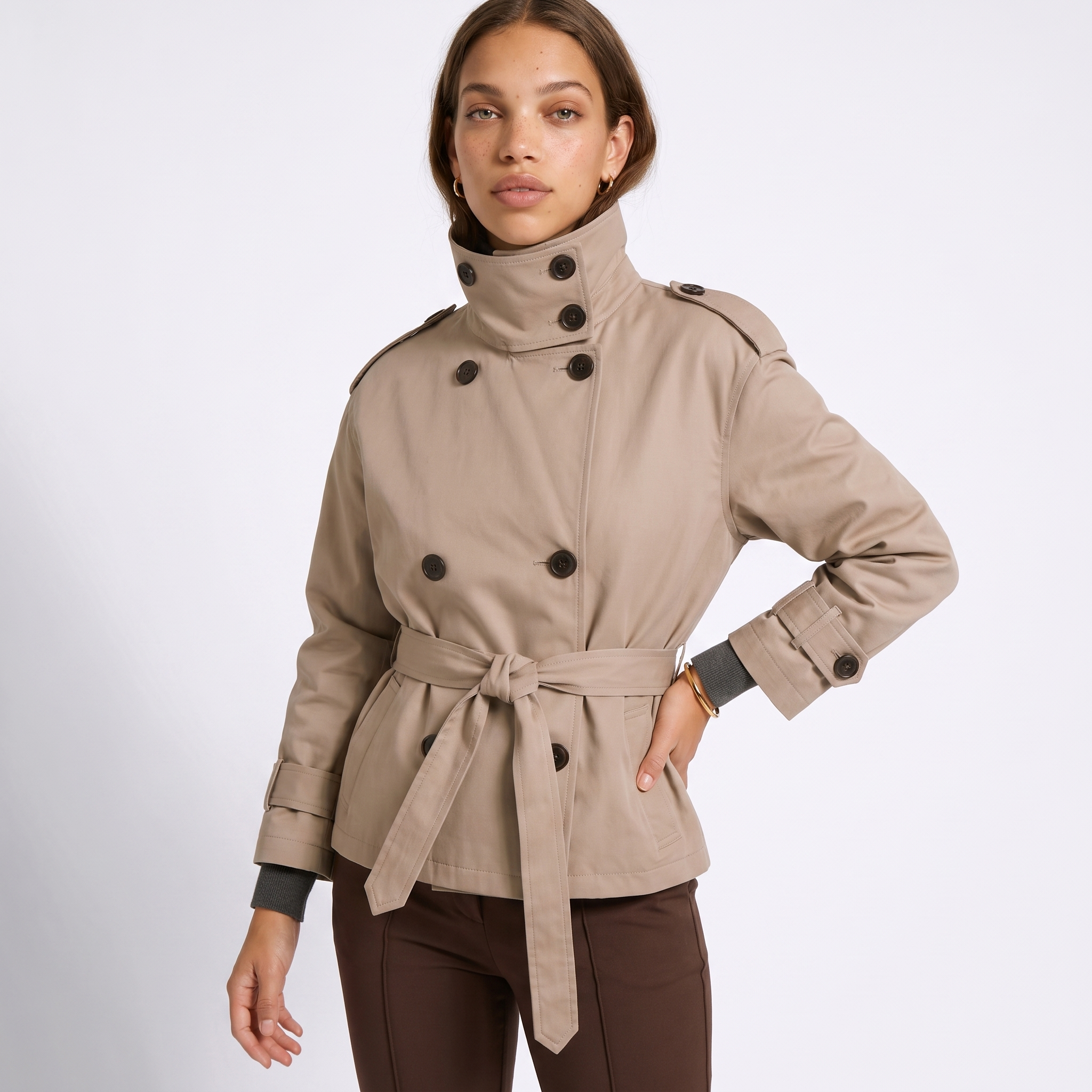 Women's Double-Breasted Cropped Belted Trench Coat, view 5 of 6