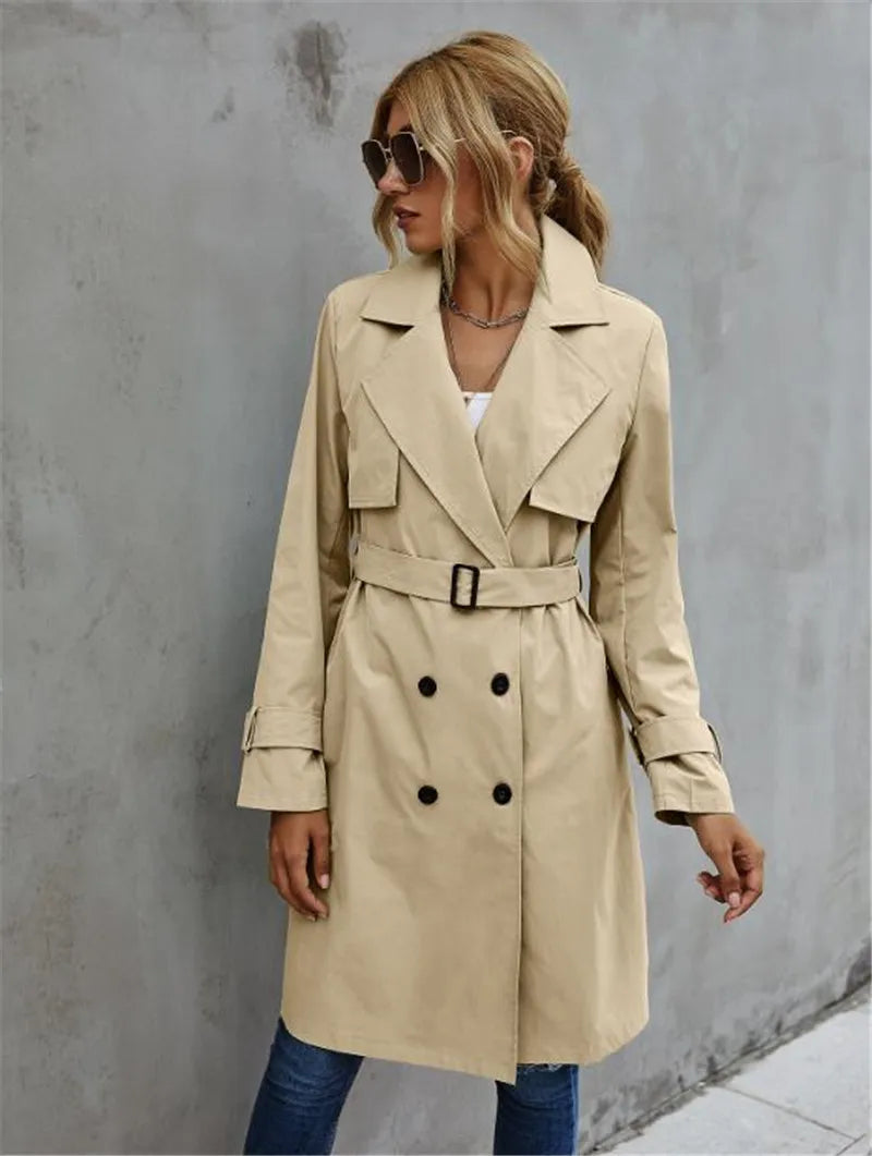 Women's Double-Breasted Trench Coat with Belted Longline, view 6 of 7
